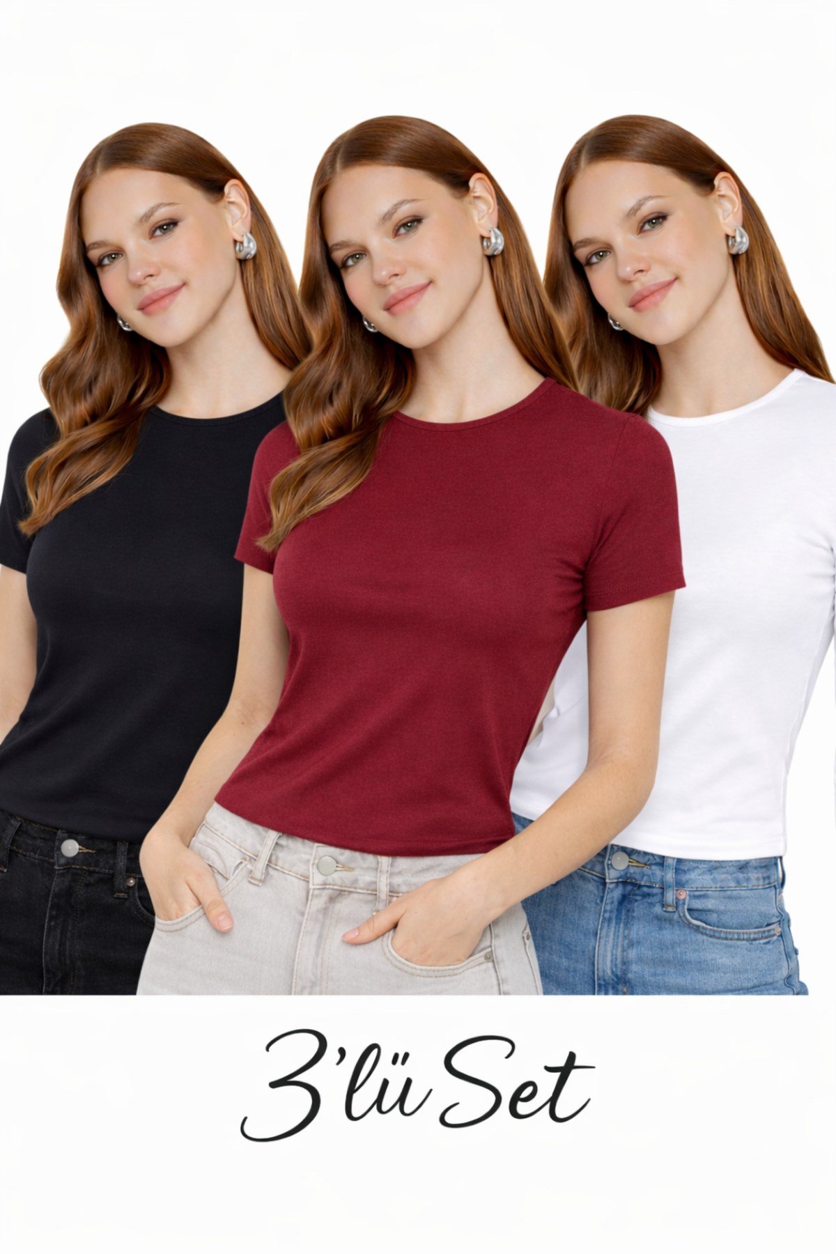 Siyah Beyaz Bordo Üçlü Bisiklet Yaka Basic Ultra Soft Kadın Kısa Kol Body