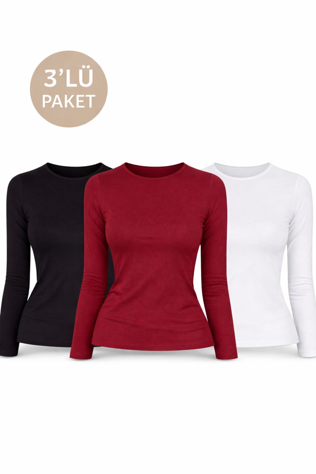 Siyah Beyaz Bordo Üçlü Bisiklet Yaka Basic Ultra Soft Kadın Uzun Kol Body