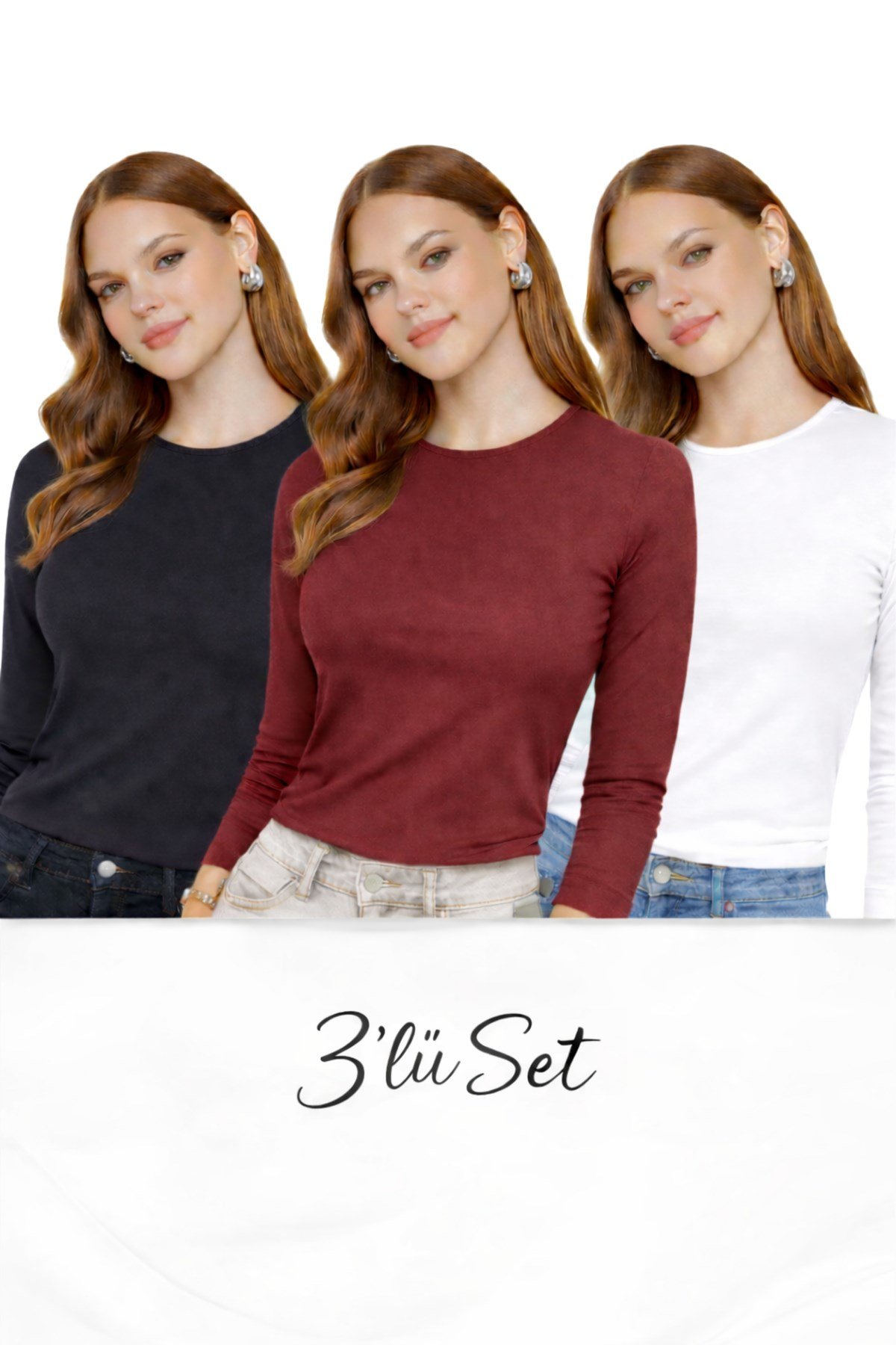 Siyah Beyaz Bordo Üçlü Bisiklet Yaka Basic Ultra Soft Kadın Uzun Kol Body