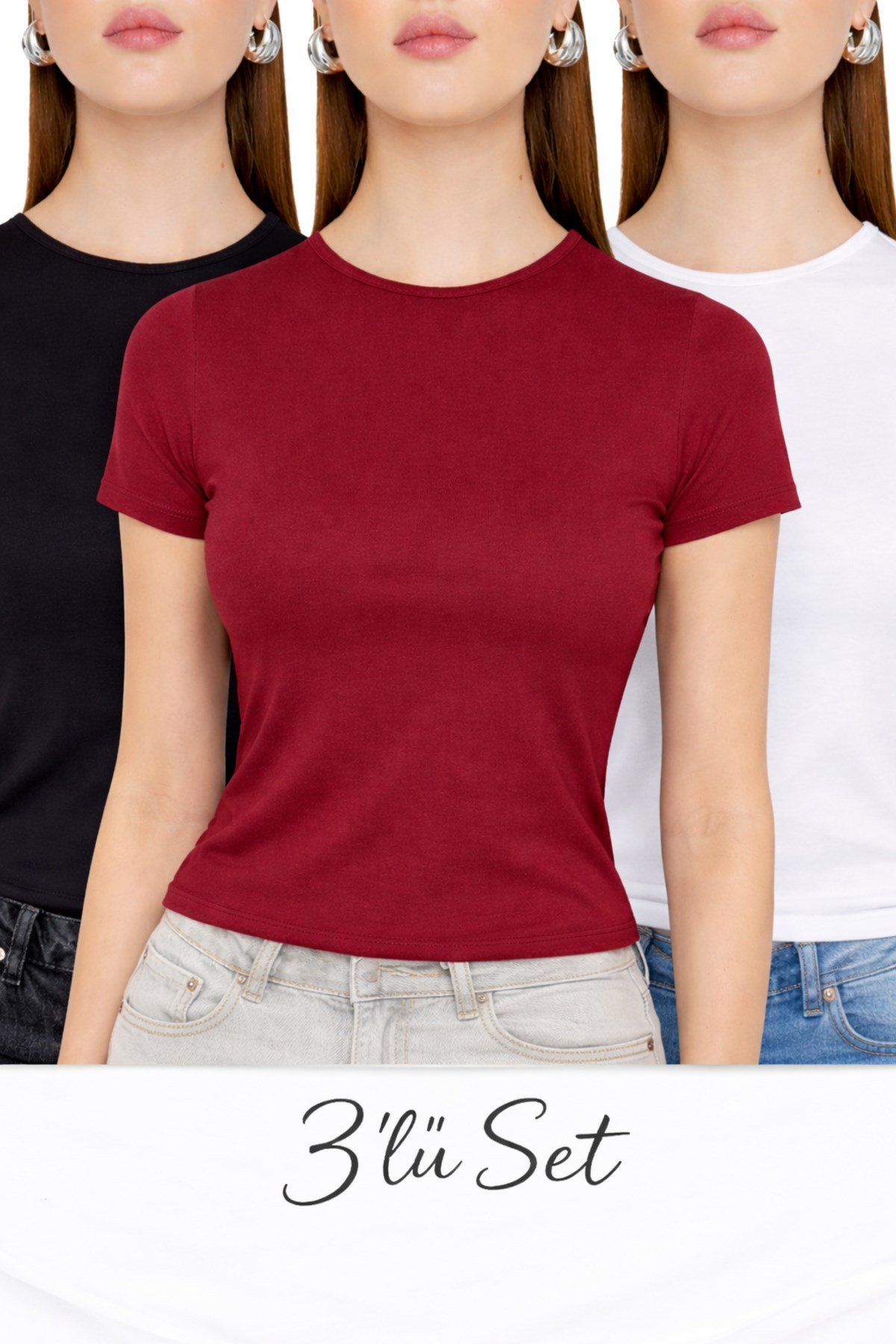 Siyah Beyaz Bordo Üçlü Bisiklet Yaka Basic Ultra Soft Kadın Kısa Kol Body