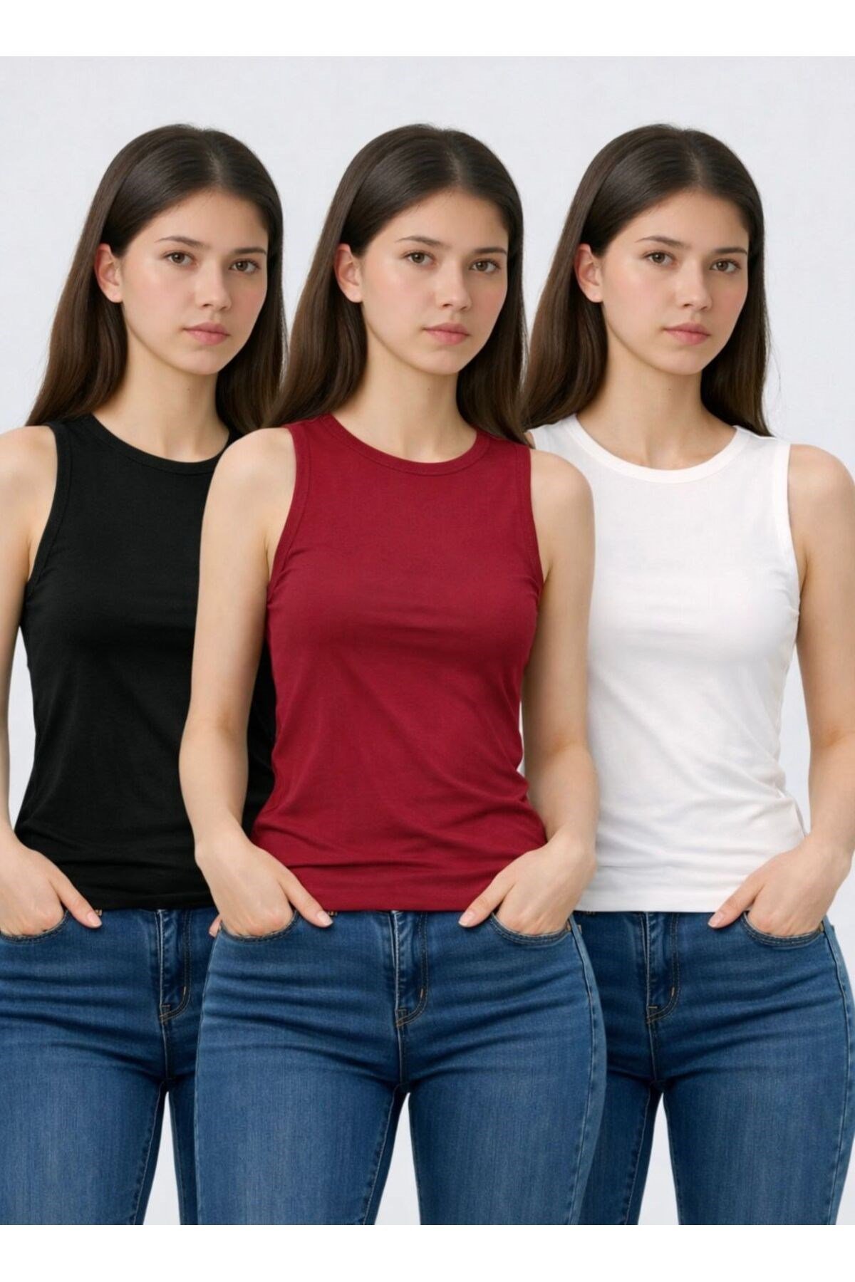 Siyah Beyaz Bordo Üçlü Bisiklet Yaka Slim Fit Basic Atlet
