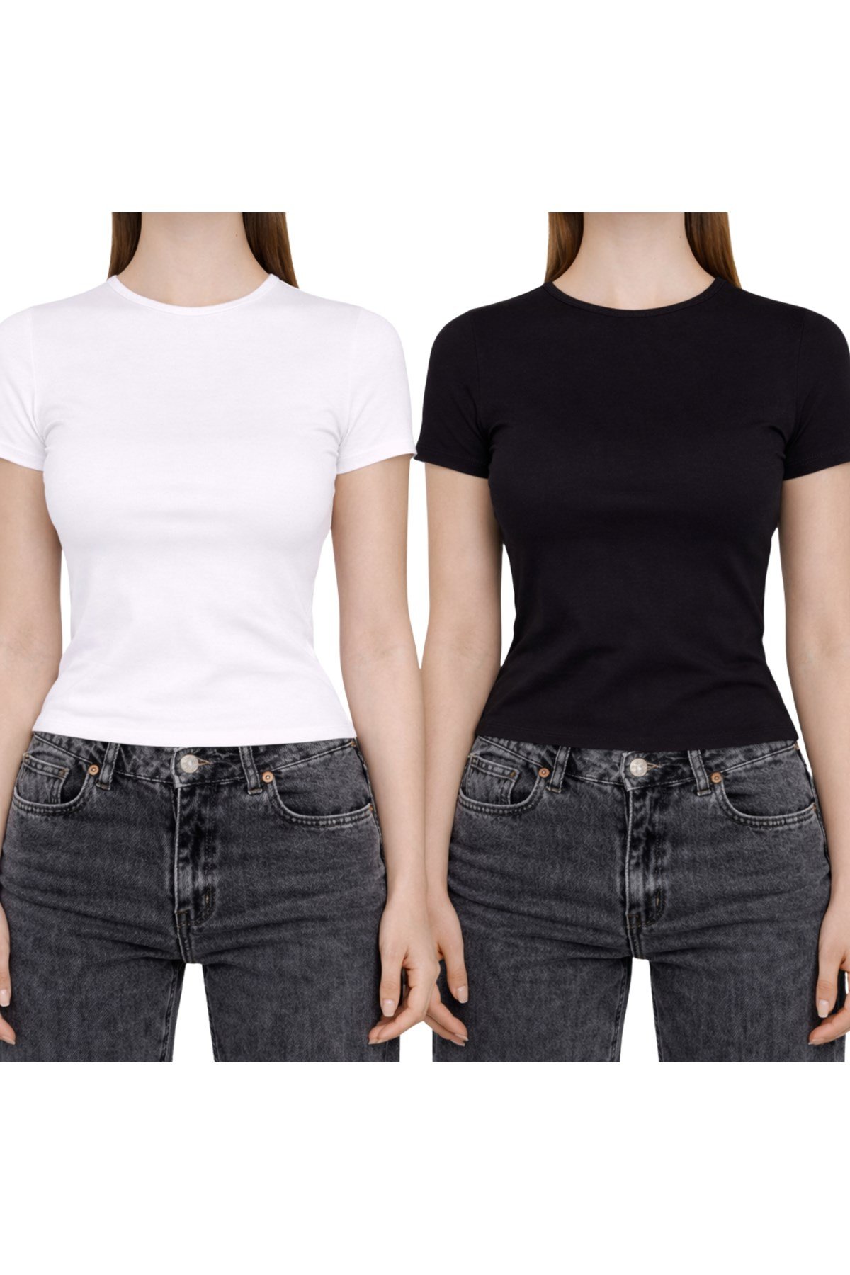 Siyah Beyaz İkili Bisiklet Yaka Basic Ultra Soft Kadın Kısa Kol Body