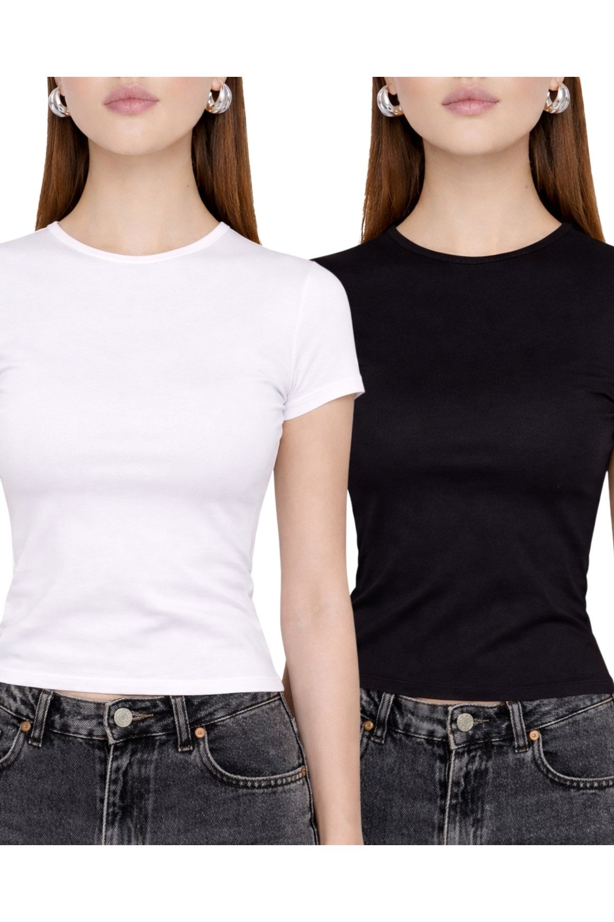 Siyah Beyaz İkili Bisiklet Yaka Basic Ultra Soft Kadın Kısa Kol Body