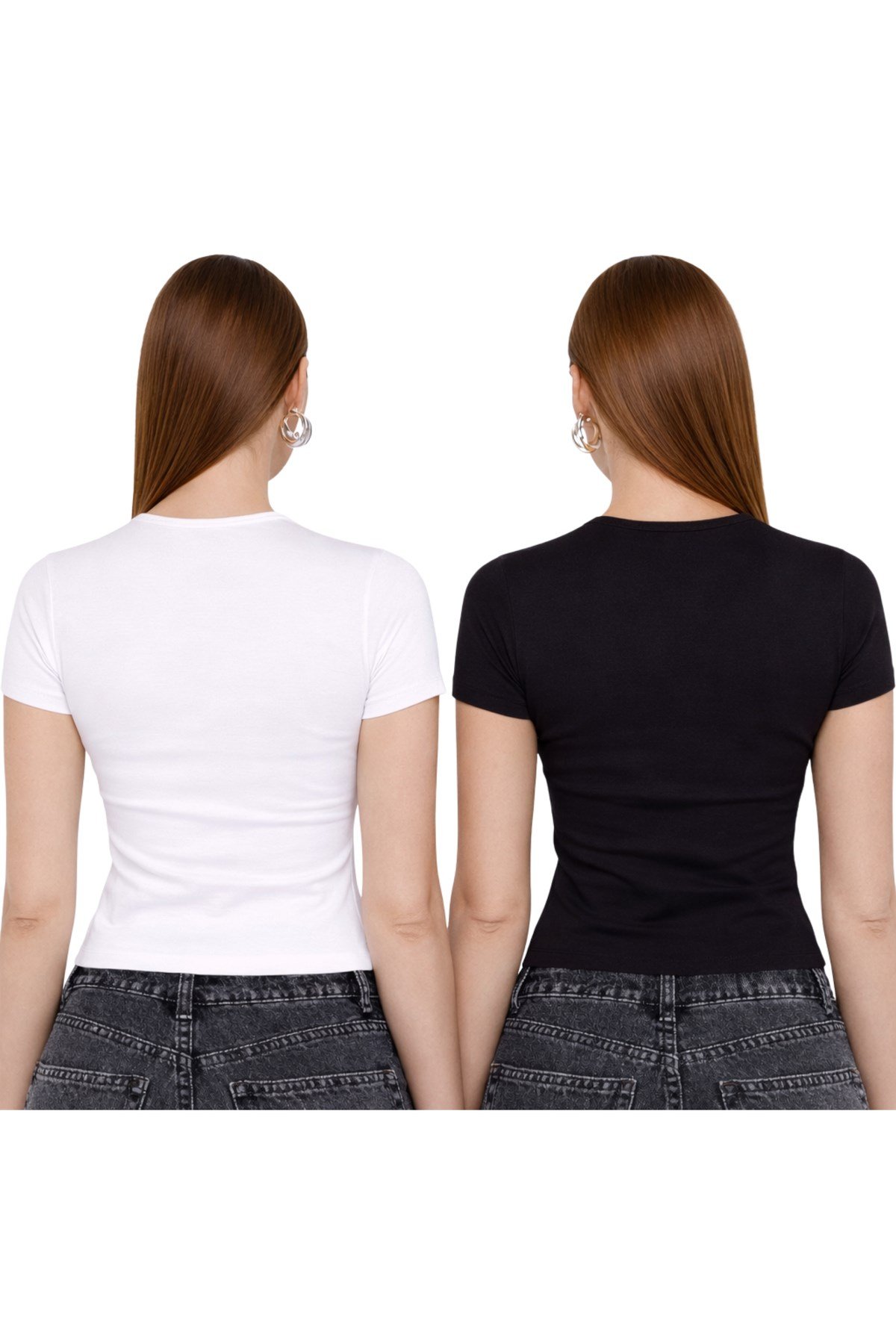 Siyah Beyaz İkili Bisiklet Yaka Basic Ultra Soft Kadın Kısa Kol Body