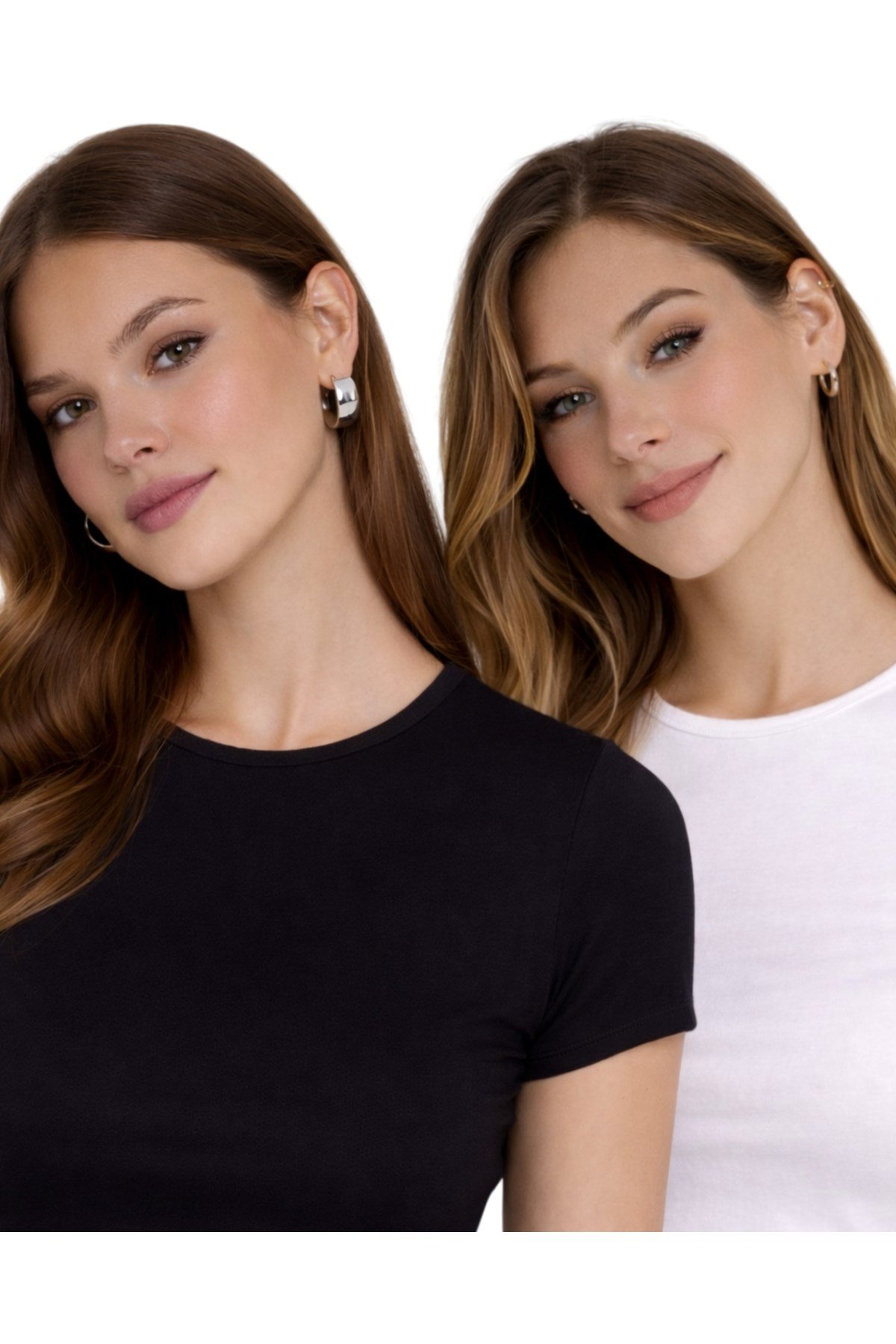 Siyah Beyaz İkili Bisiklet Yaka Basic Ultra Soft Kadın Kısa Kol Body