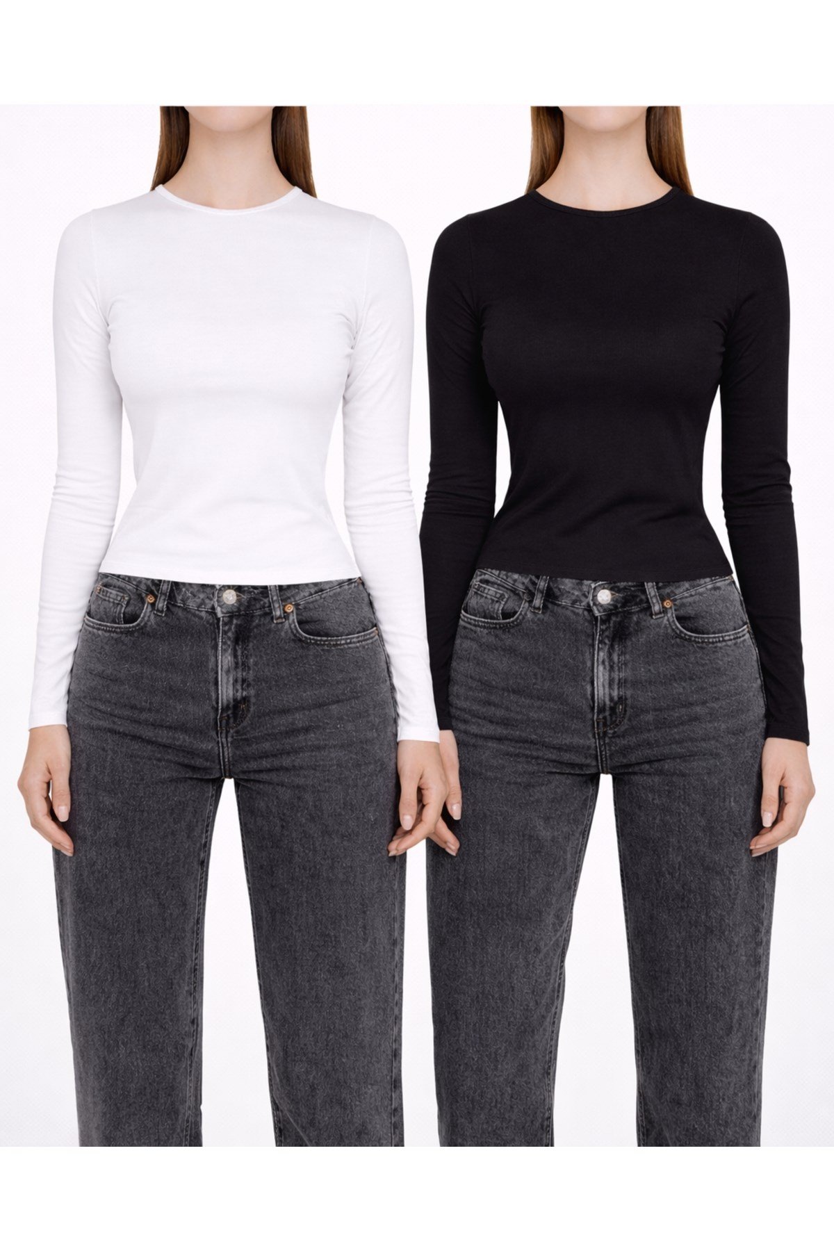 Siyah Beyaz İkili Bisiklet Yaka Basic Ultra Soft Kadın Uzun Kol Body