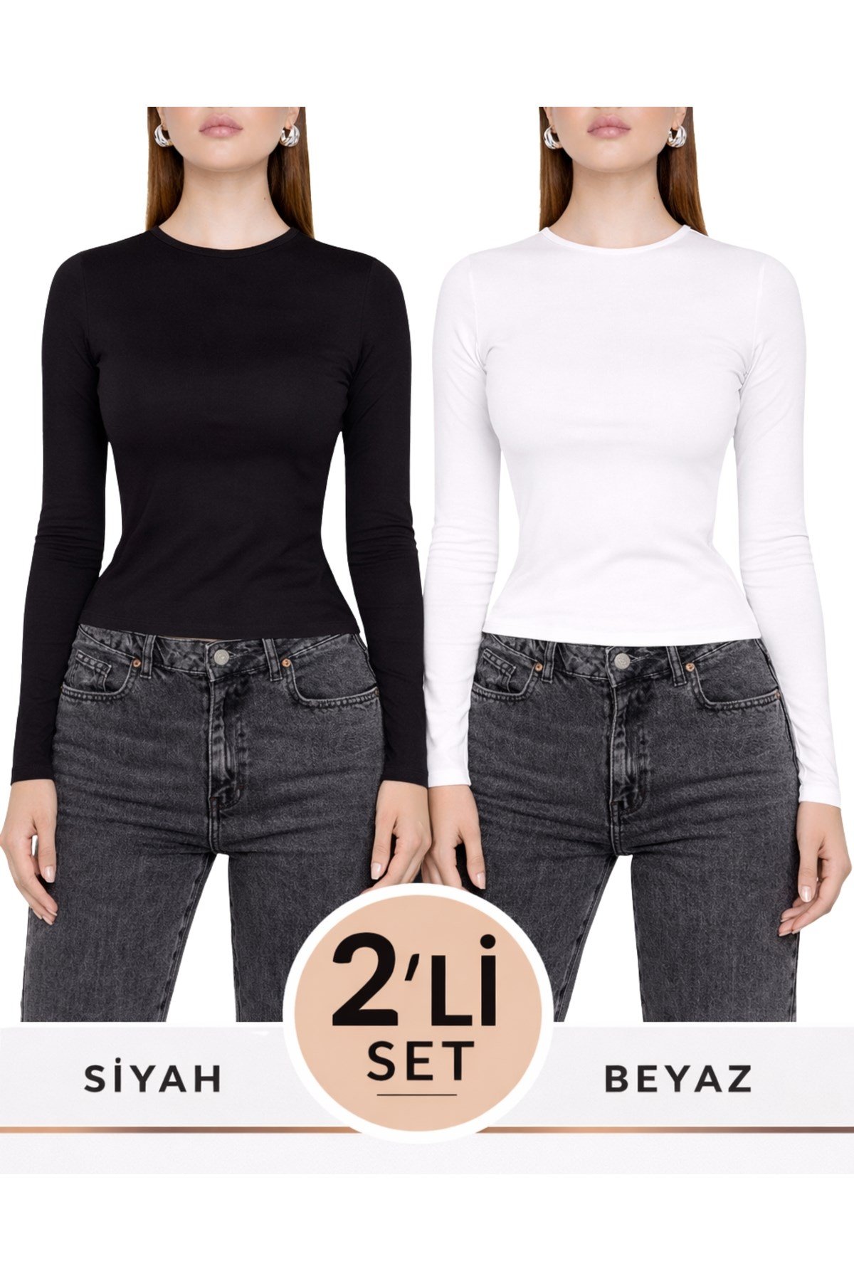 Siyah Beyaz İkili Bisiklet Yaka Basic Ultra Soft Kadın Uzun Kol Body