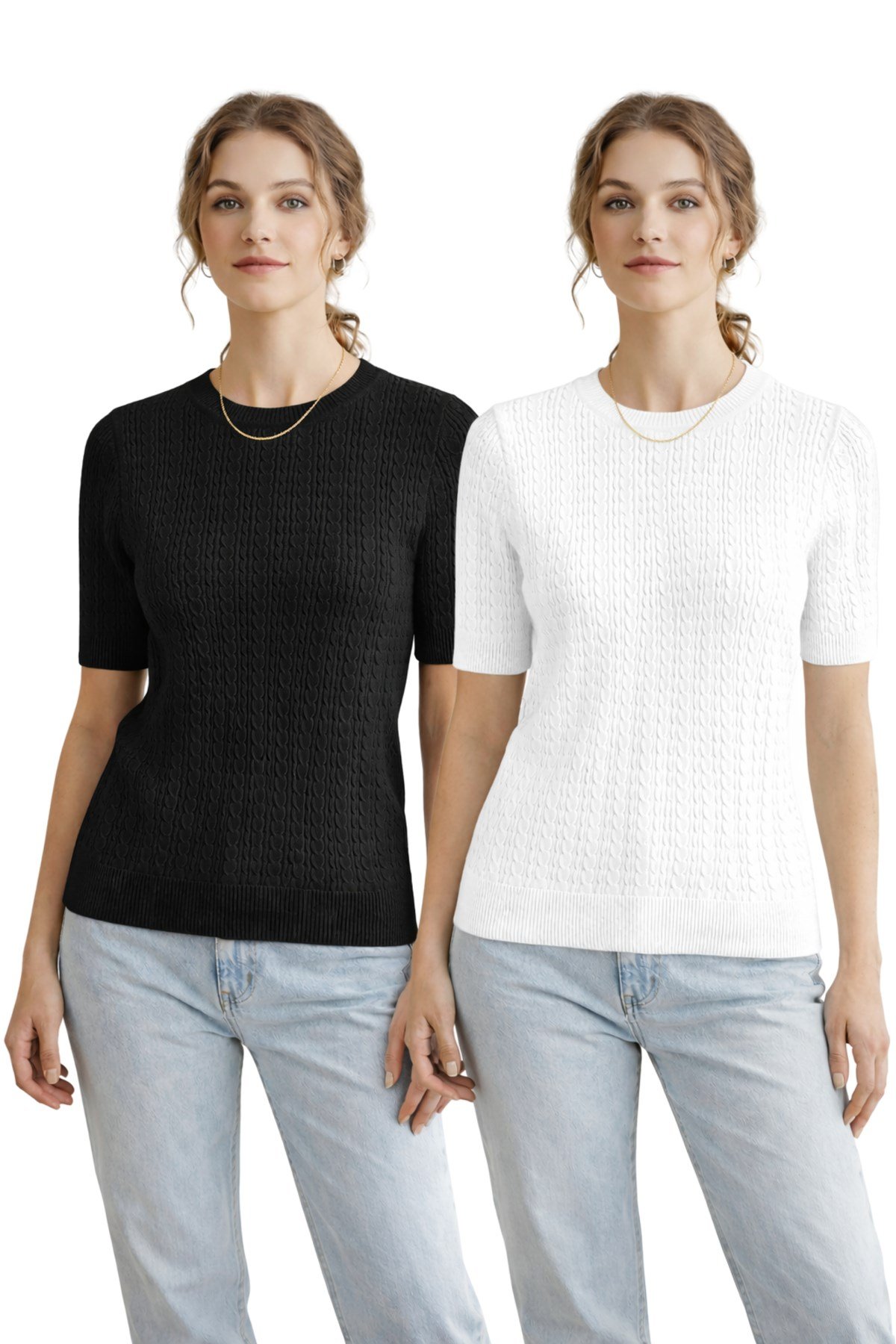 Siyah Beyaz İkili Kısa Kollu Bisiklet Yaka Slim Fit Kadın Yazlık Kazak