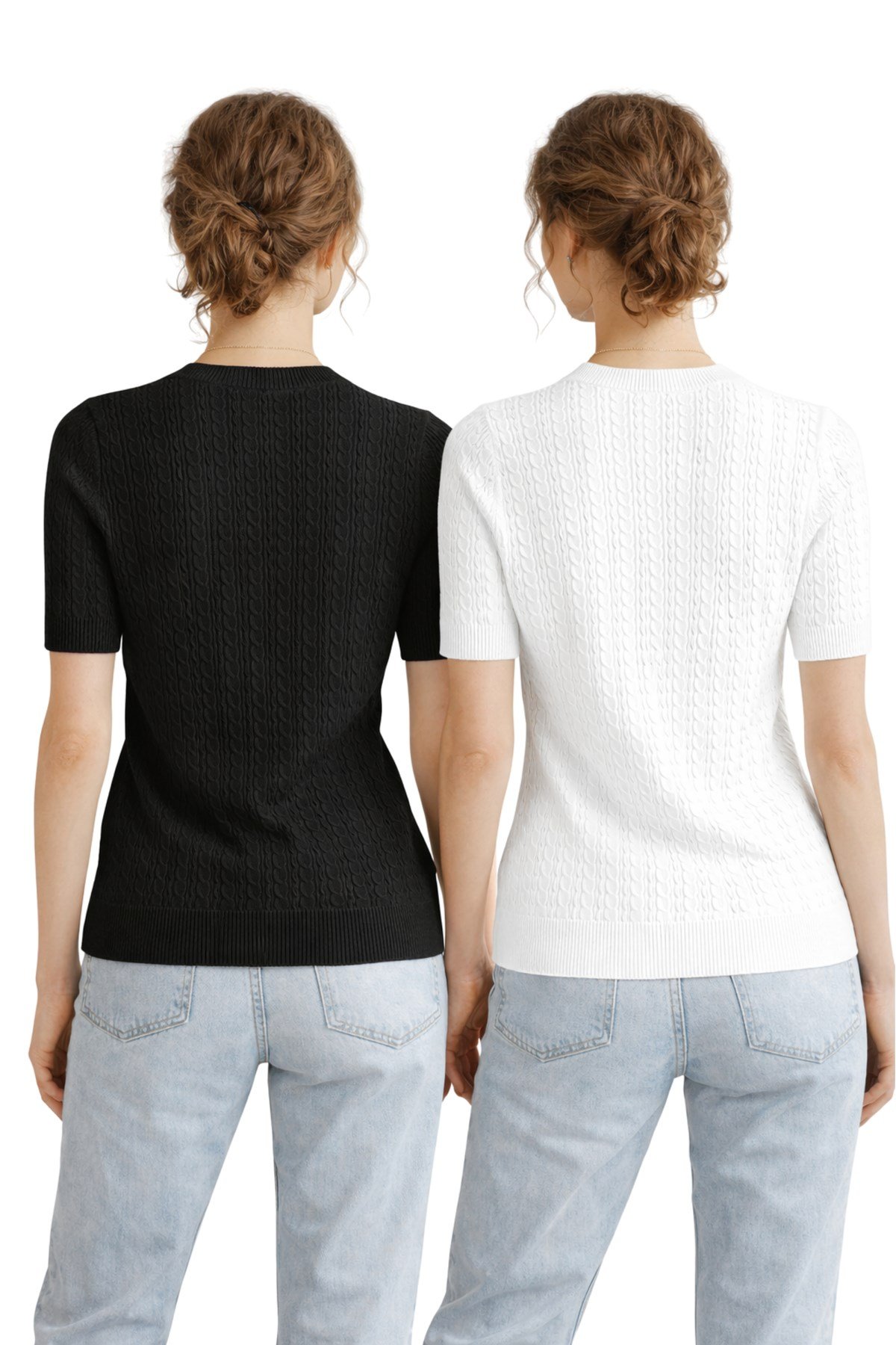 Siyah Beyaz İkili Kısa Kollu Bisiklet Yaka Slim Fit Kadın Yazlık Kazak