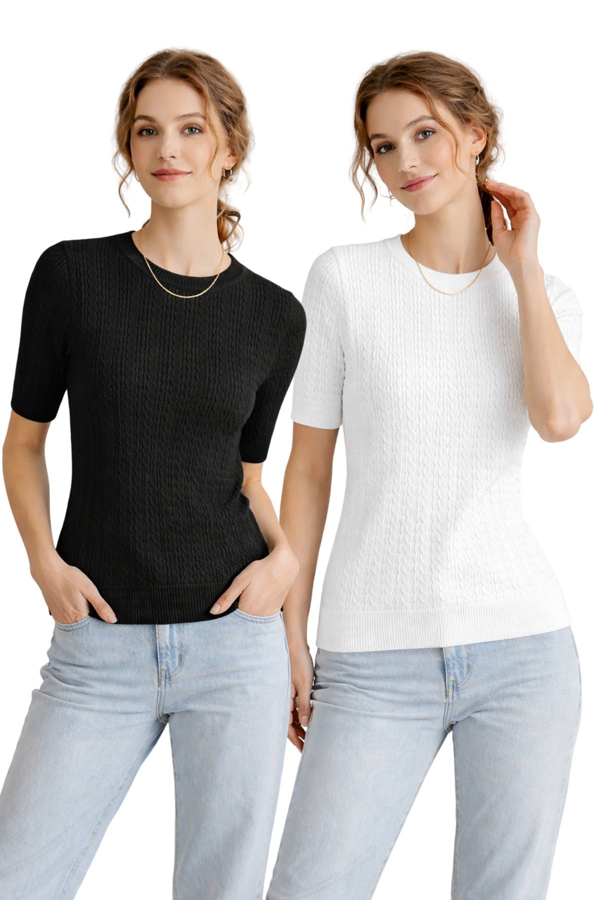 Siyah Beyaz İkili Kısa Kollu Bisiklet Yaka Slim Fit Kadın Yazlık Kazak