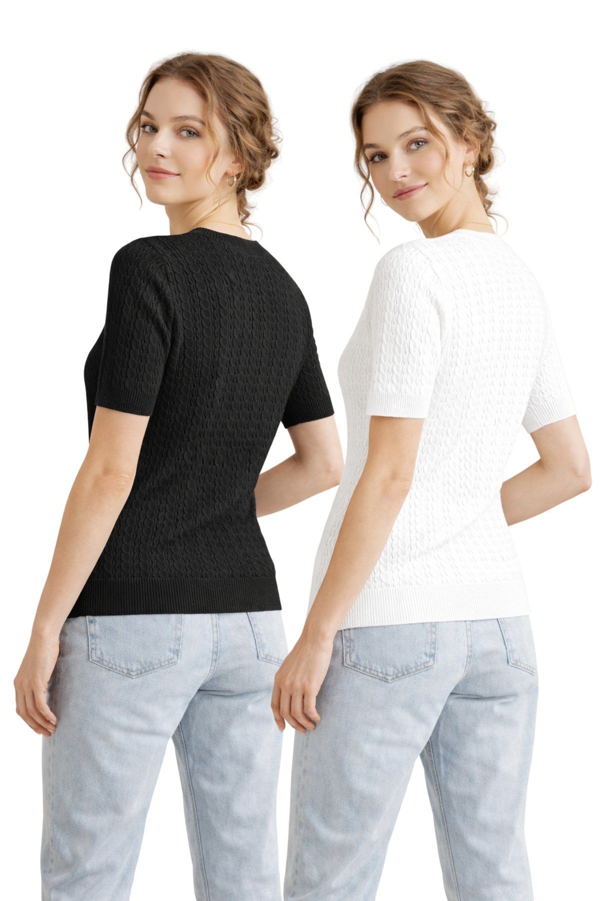 Siyah Beyaz İkili Kısa Kollu Bisiklet Yaka Slim Fit Kadın Yazlık Kazak