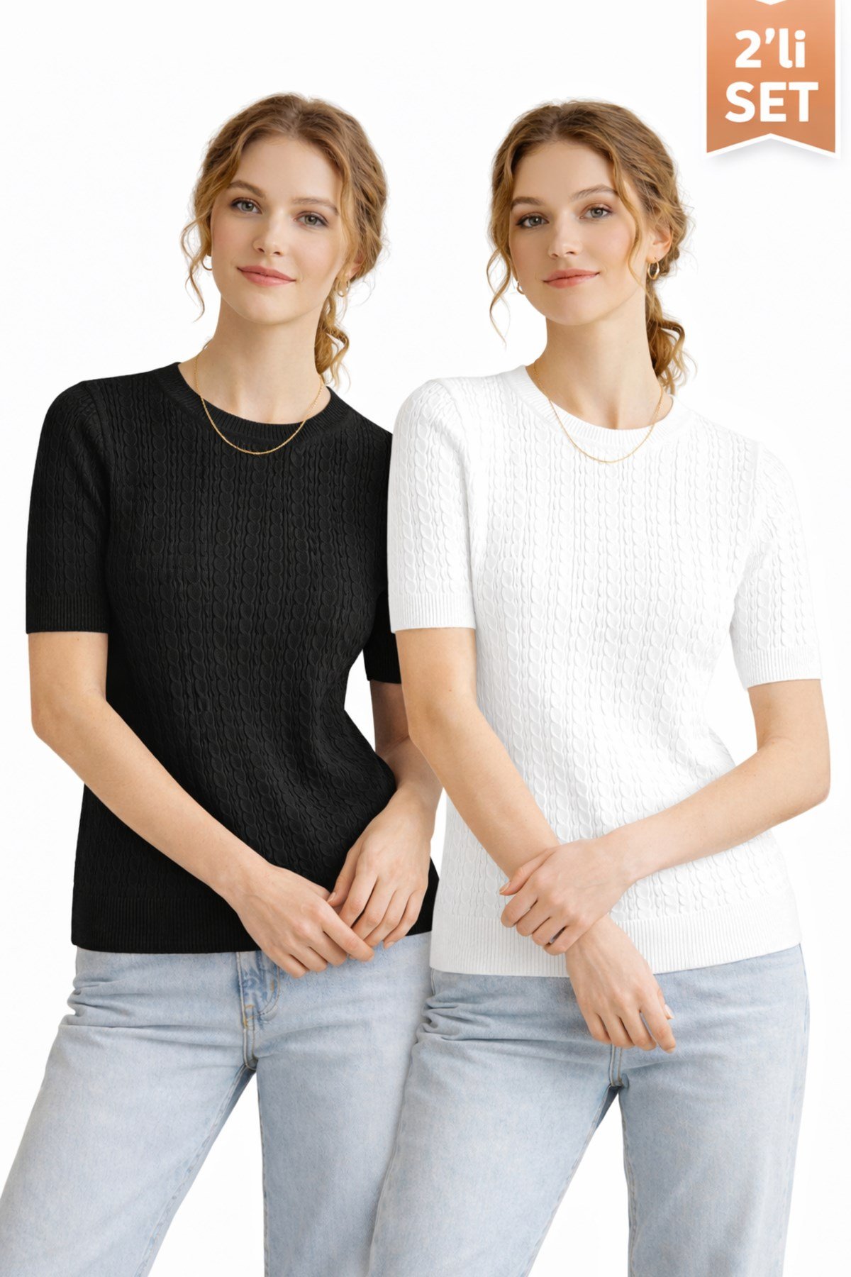 Siyah Beyaz İkili Kısa Kollu Bisiklet Yaka Slim Fit Kadın Yazlık Kazak