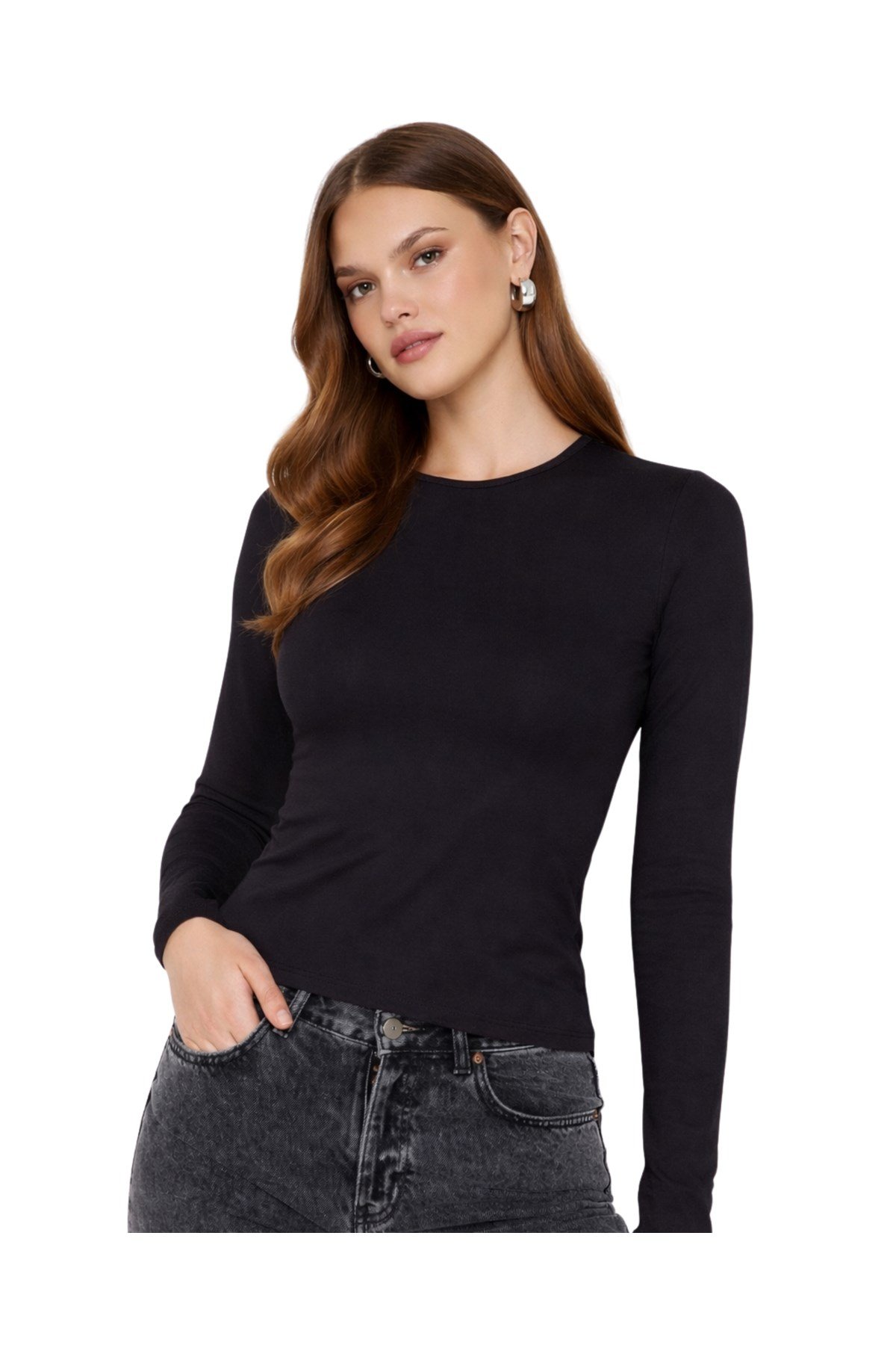 Siyah Bisiklet Yaka Basic Ultra Soft Kadın Uzun Kol Body
