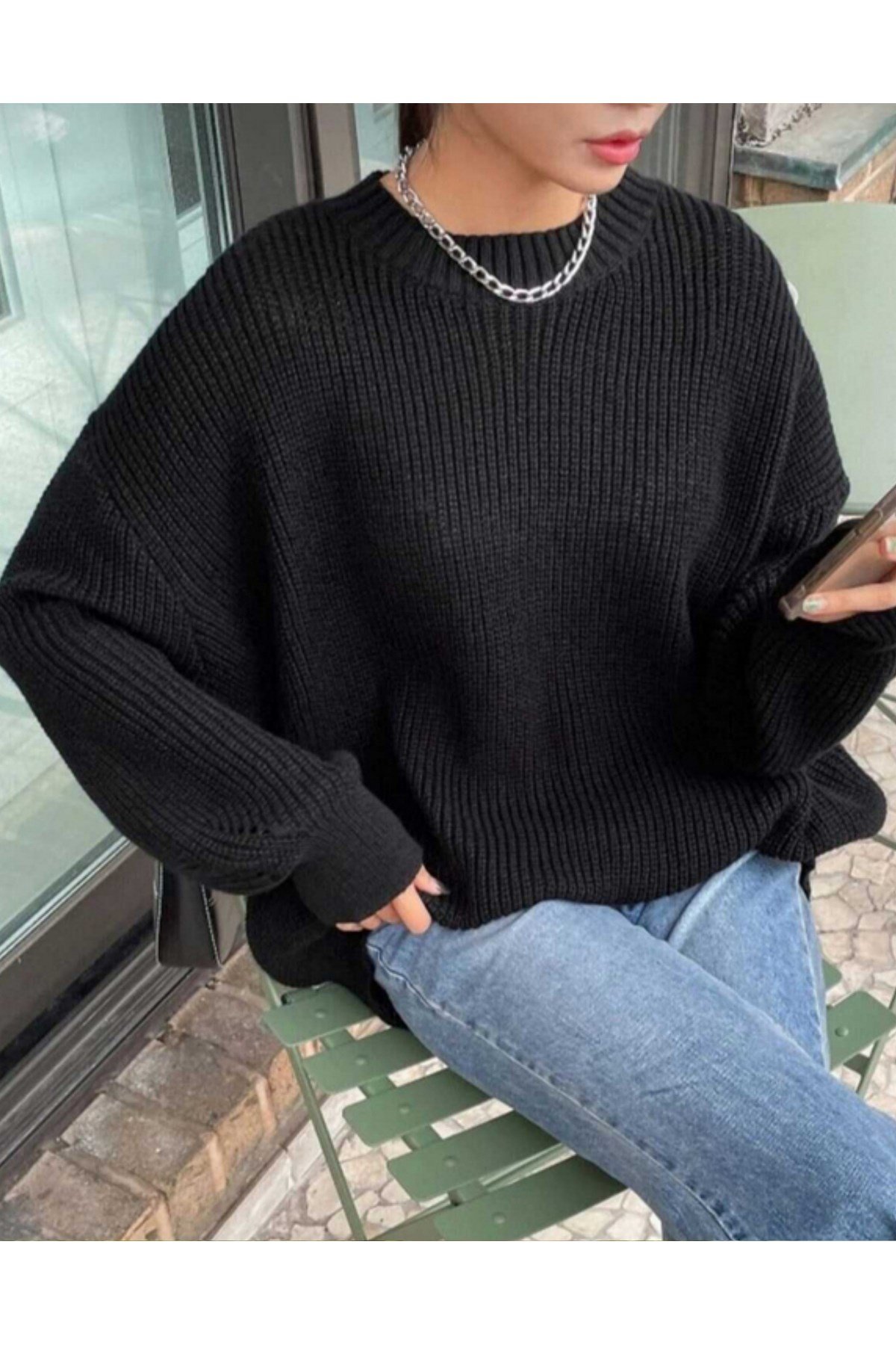 Siyah Bisiklet Yaka Oversize Kadın Triko Kazak