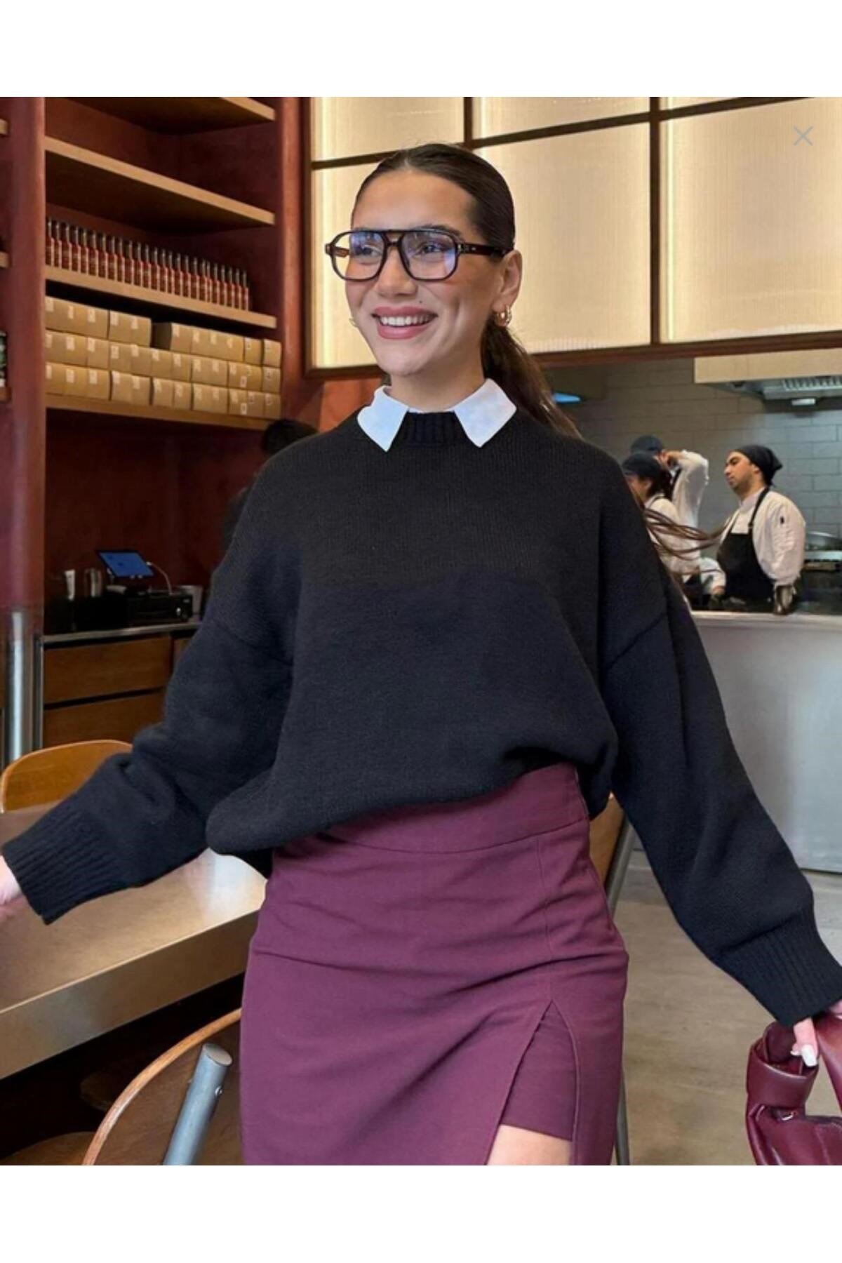 Siyah Bisiklet Yaka Oversize Kadın Triko Kazak