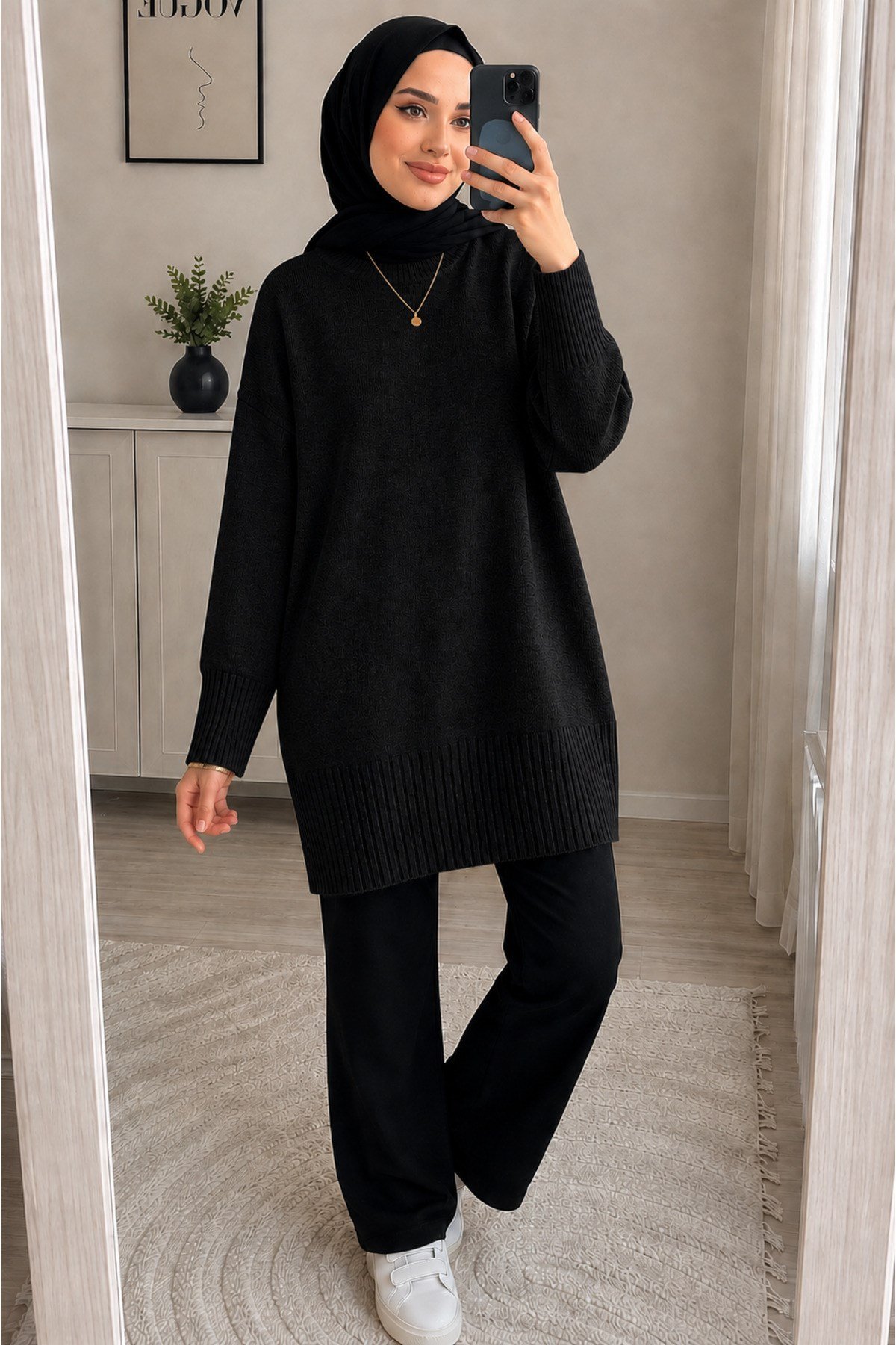 Siyah Bisiklet Yaka Oversize Triko Kazak Tunik