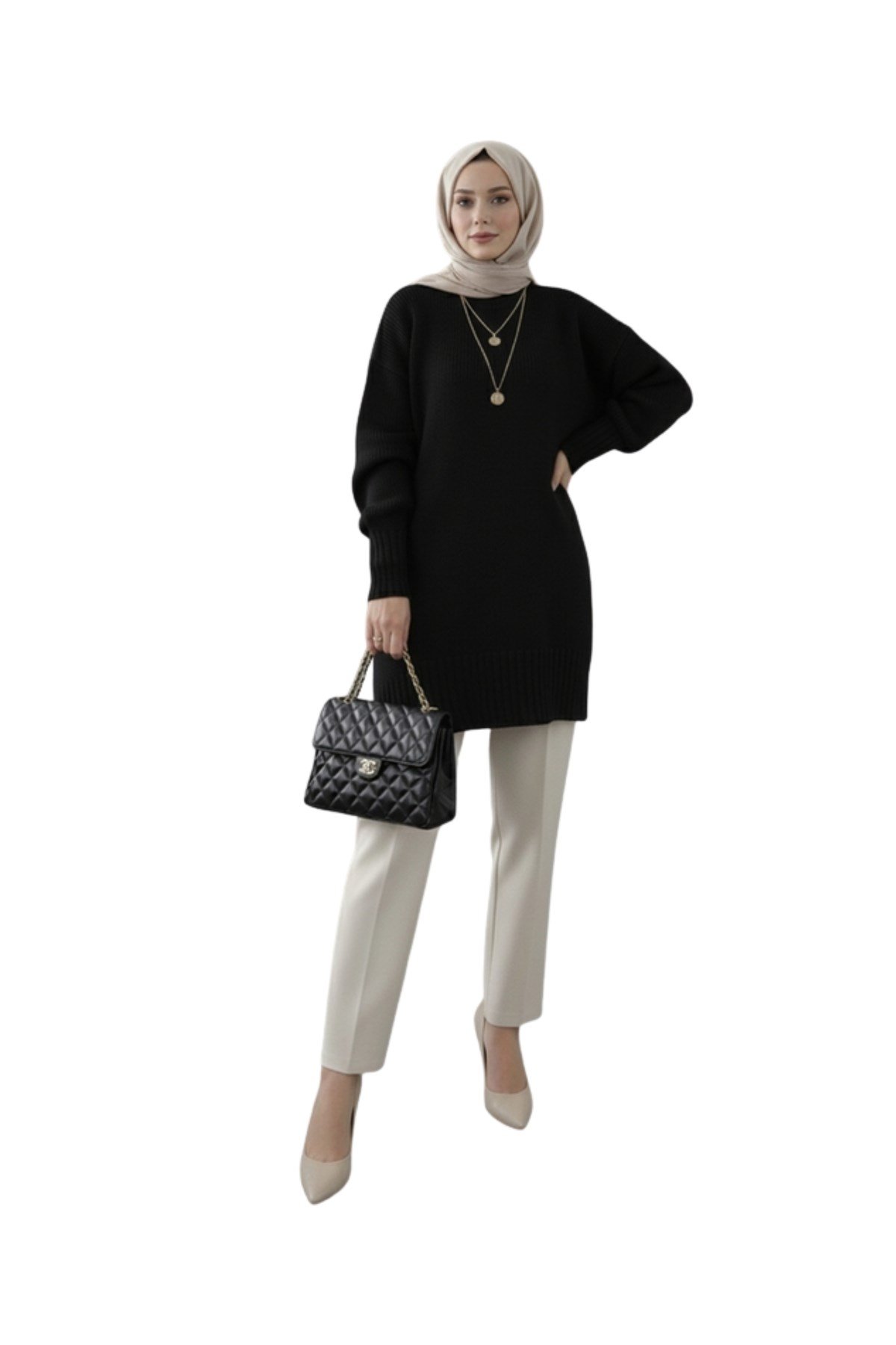 Siyah Bisiklet Yaka Oversize Triko Kazak Tunik