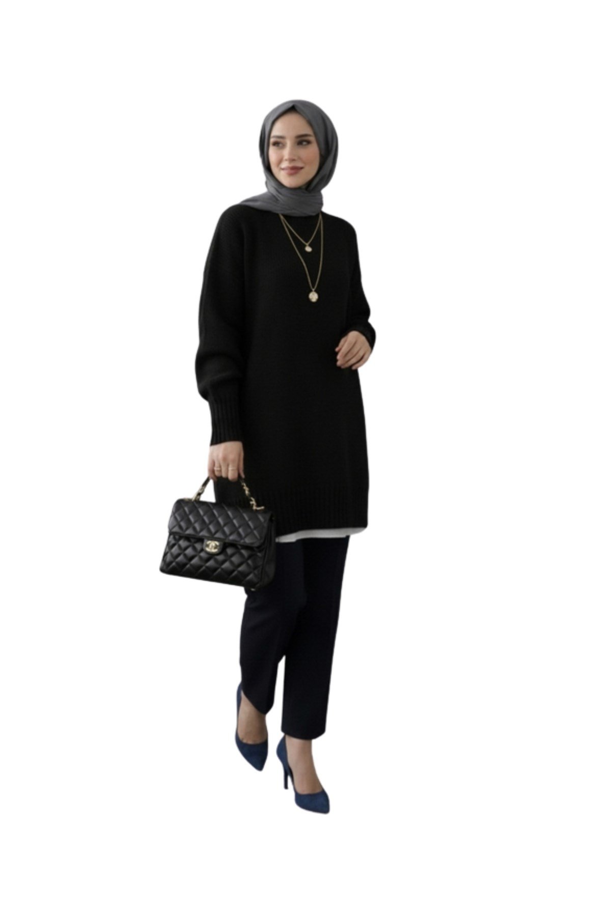Siyah Bisiklet Yaka Oversize Triko Kazak Tunik