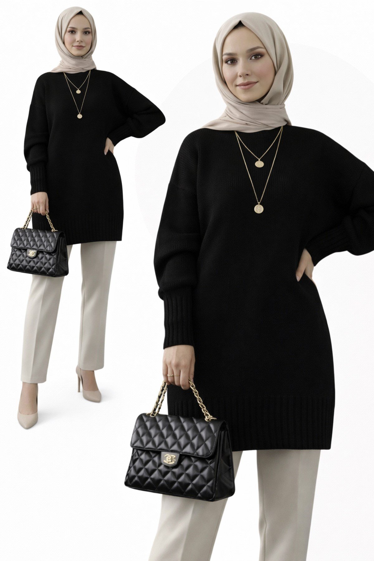 Siyah Bisiklet Yaka Oversize Triko Kazak Tunik