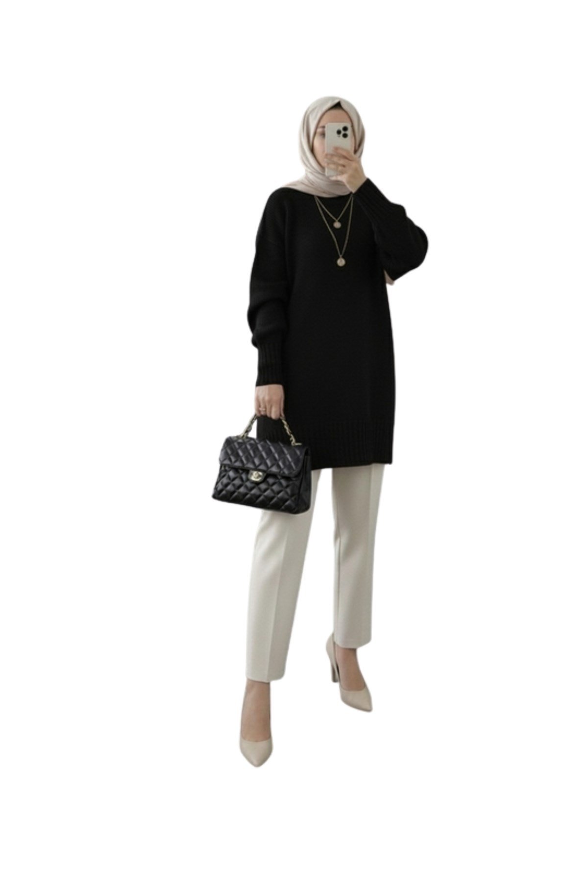 Siyah Bisiklet Yaka Oversize Triko Kazak Tunik