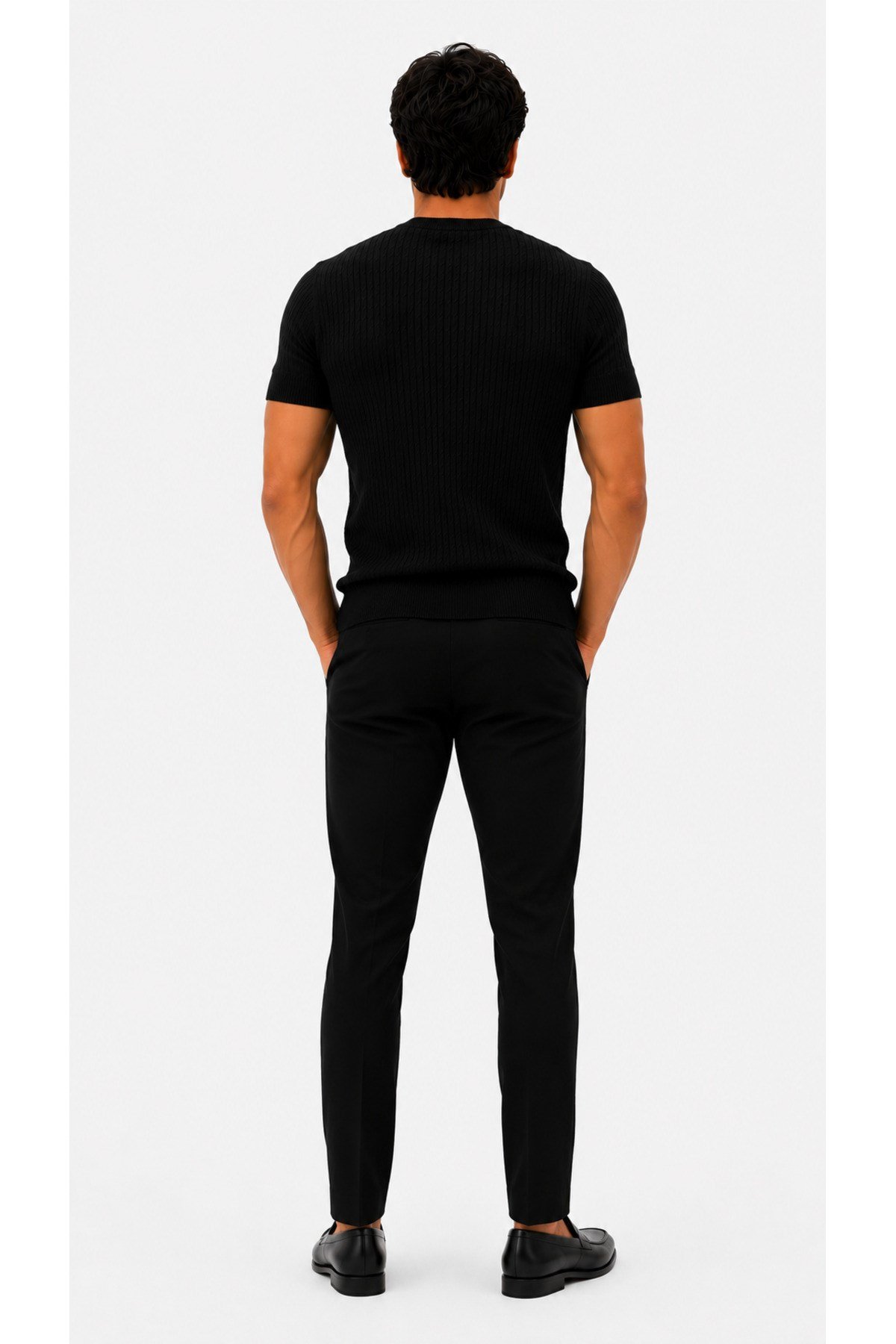 Siyah Bisiklet Yaka Saç Örgü Desenli Kısa Kol Slim Fit Erkek T-shirt