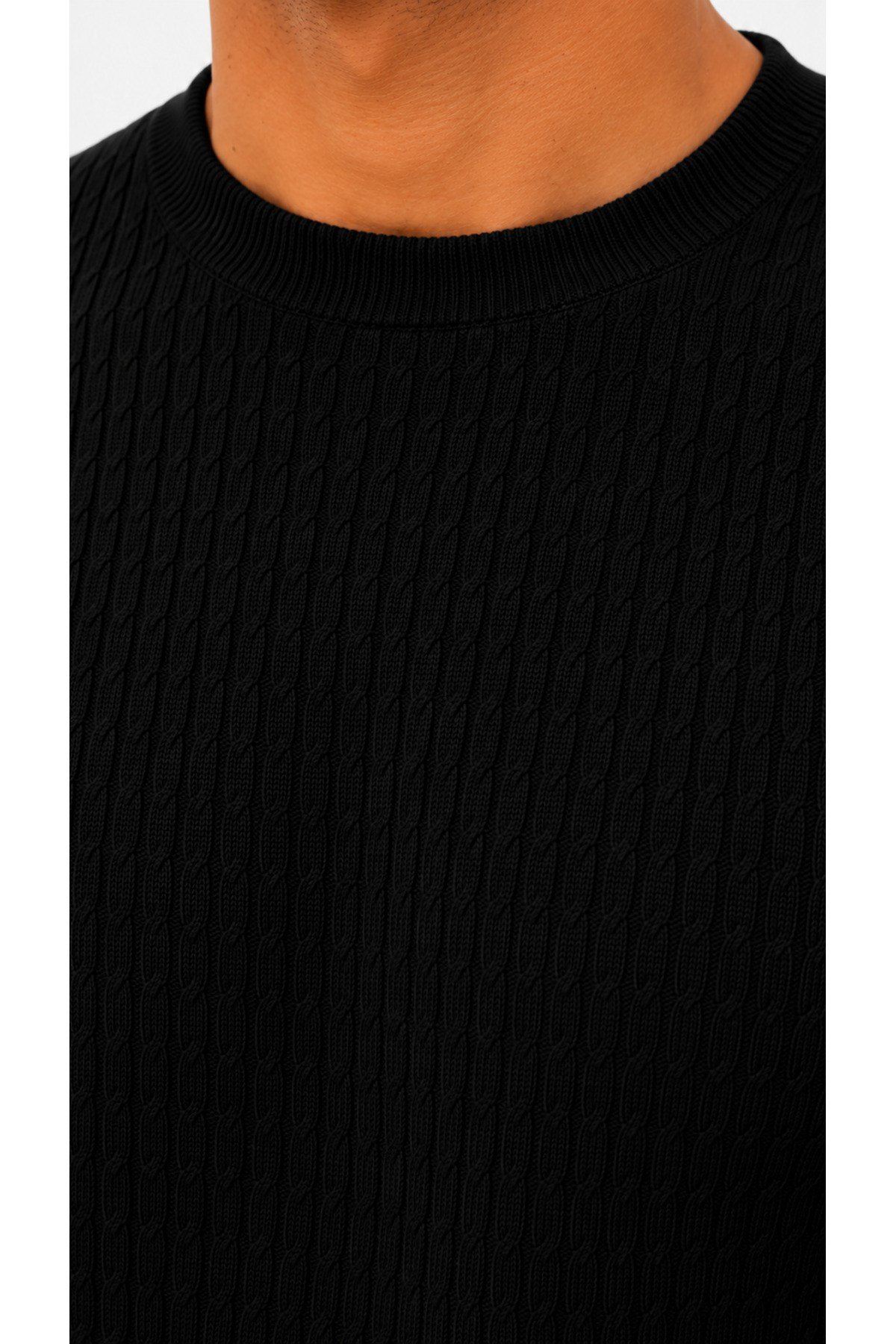 Siyah Bisiklet Yaka Saç Örgü Desenli Kısa Kol Slim Fit Erkek T-shirt