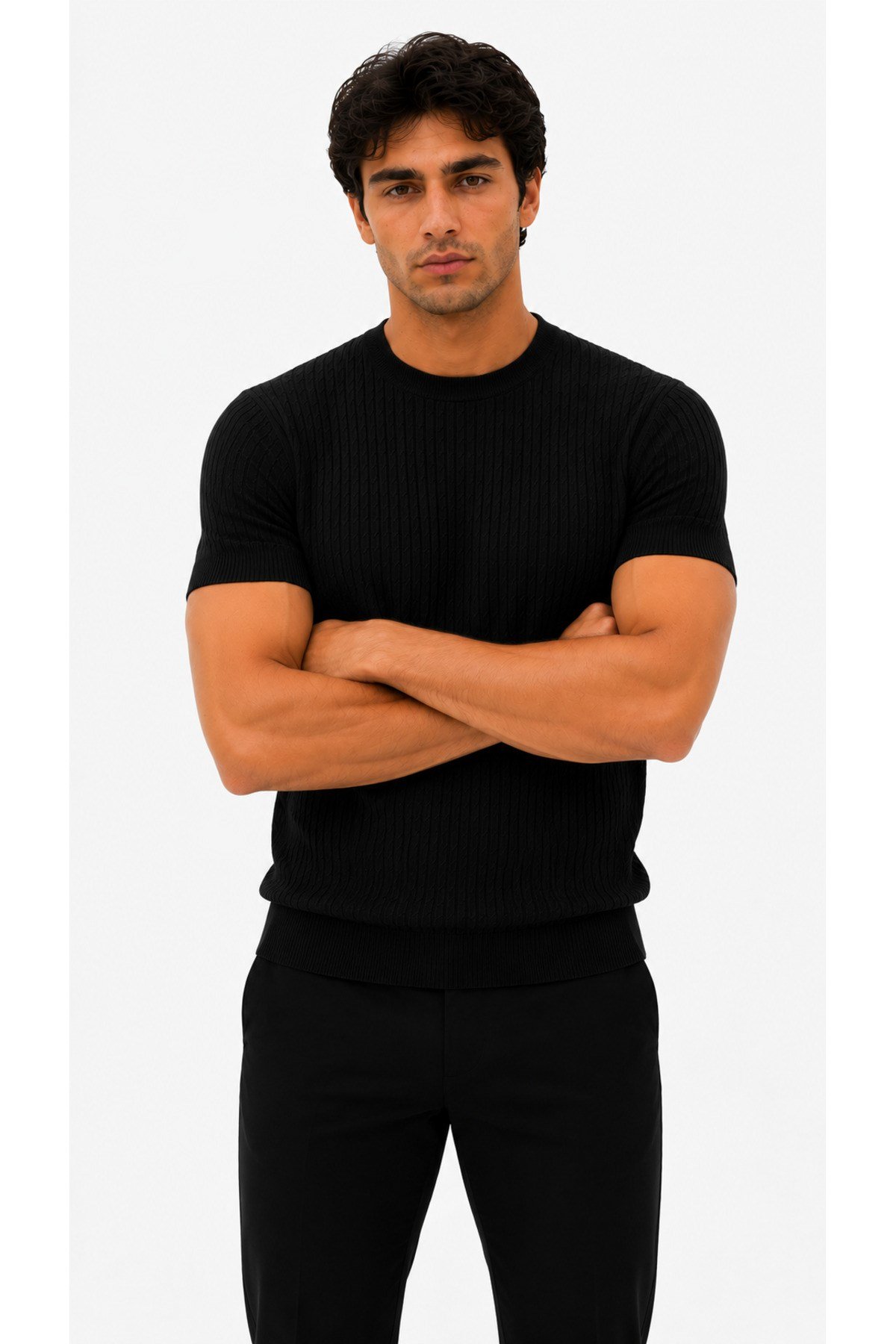 Siyah Bisiklet Yaka Saç Örgü Desenli Kısa Kol Slim Fit Erkek T-shirt