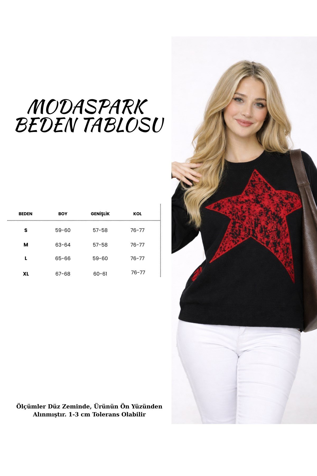Siyah Bisiklet Yaka Yıldız Desenli Oversize Kadın Triko Kazak