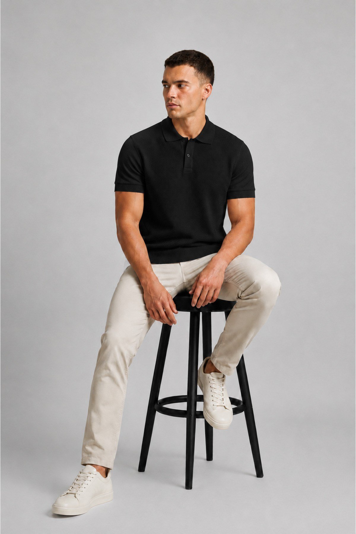 Siyah Erkek Polo Yaka Düğmeli Kısa Kol T-Shirt