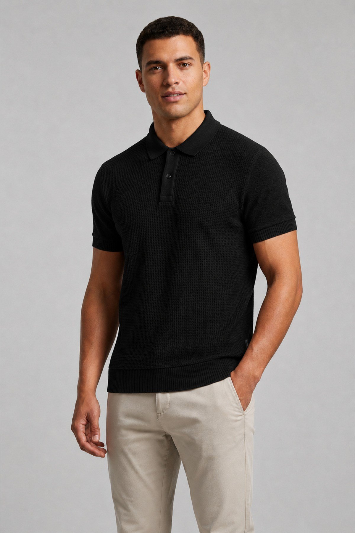 Siyah Erkek Polo Yaka Düğmeli Kısa Kol T-Shirt