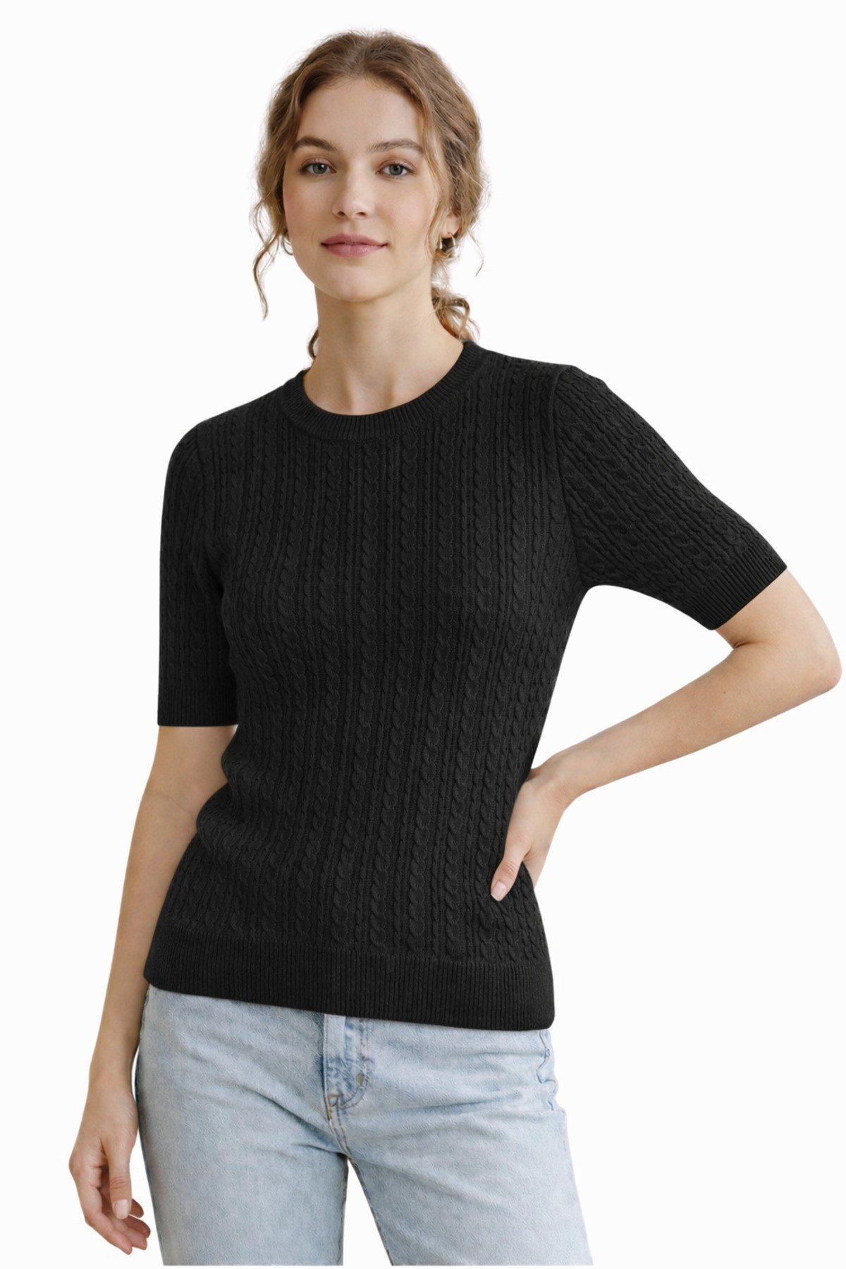 Siyah Kısa Kollu Bisiklet Yaka Slim Fit Kadın Kazak