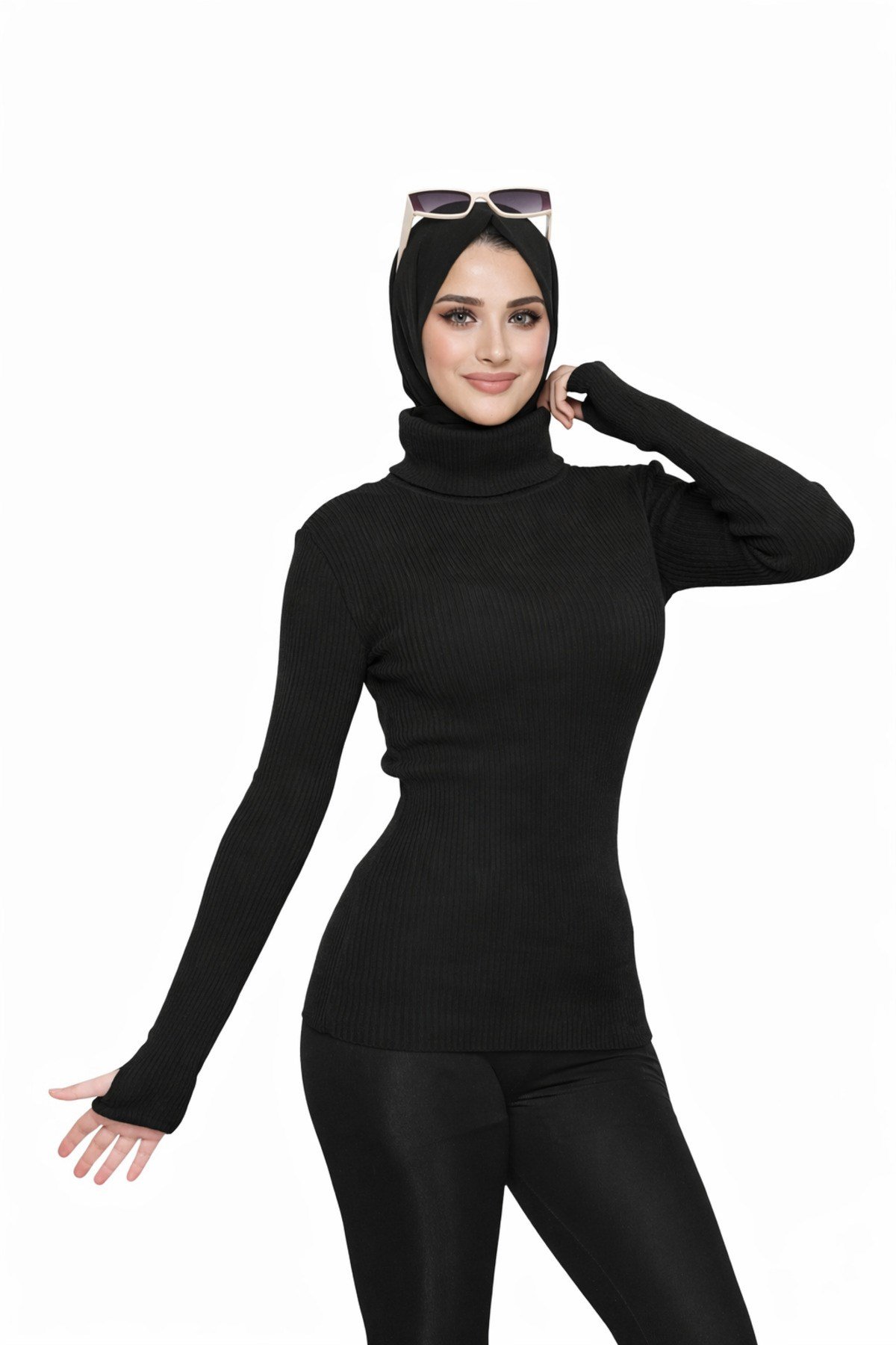 Siyah Krem 2'li Balıkçı Yaka Parmak Detaylı Premium Kurtarıcı Body Kazak