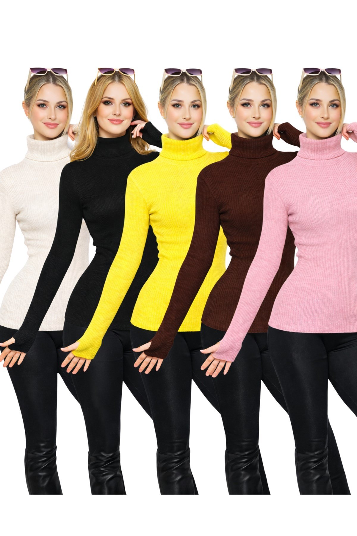 Siyah Krem Kahve Sarı Pembe 5'li Balıkçı Yaka Parmak Detaylı Premium Kurtarıcı Body Kazak