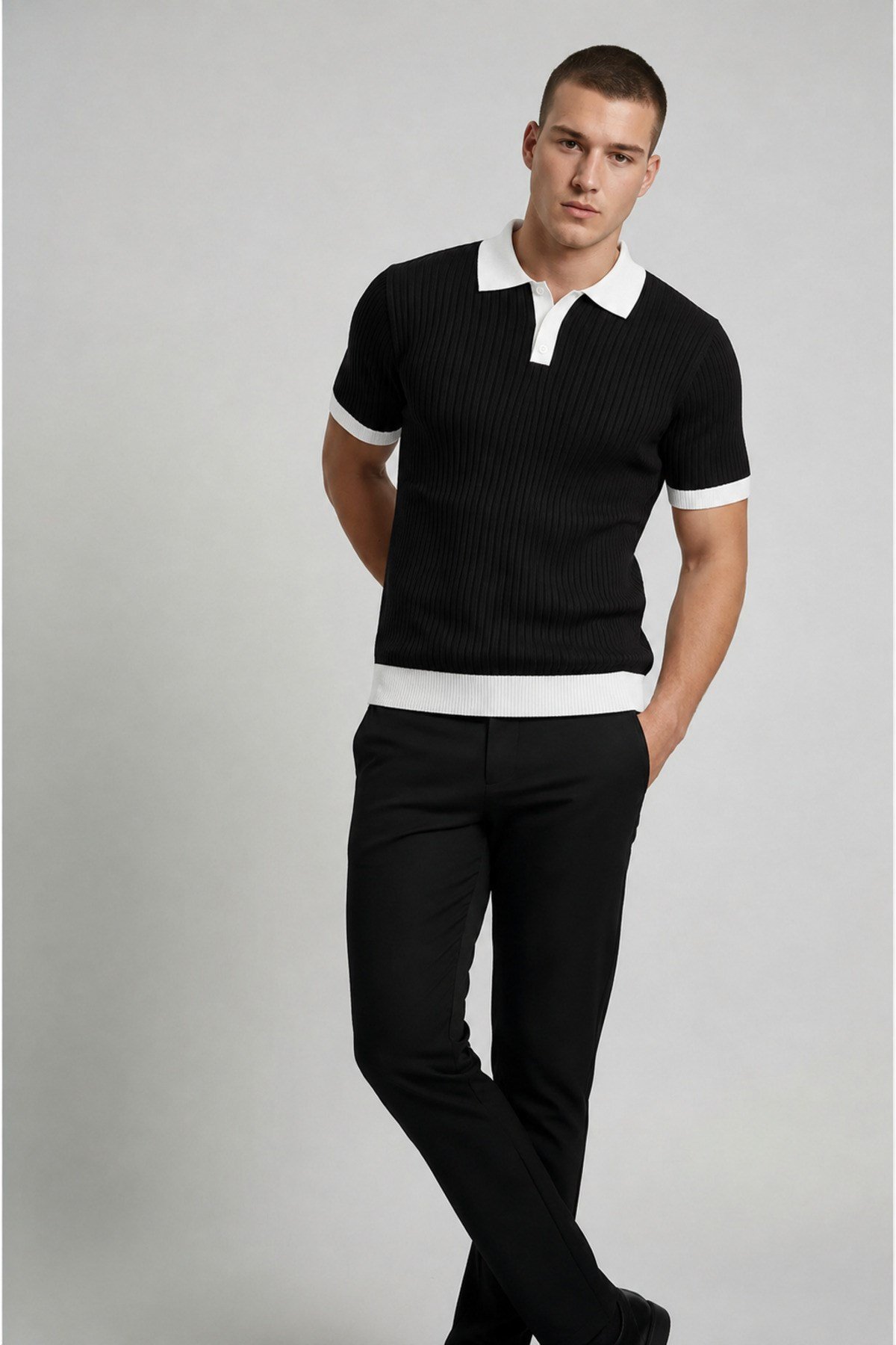 Siyah Polo Yaka Düğmeli Kısa Kol Erkek T-shirt