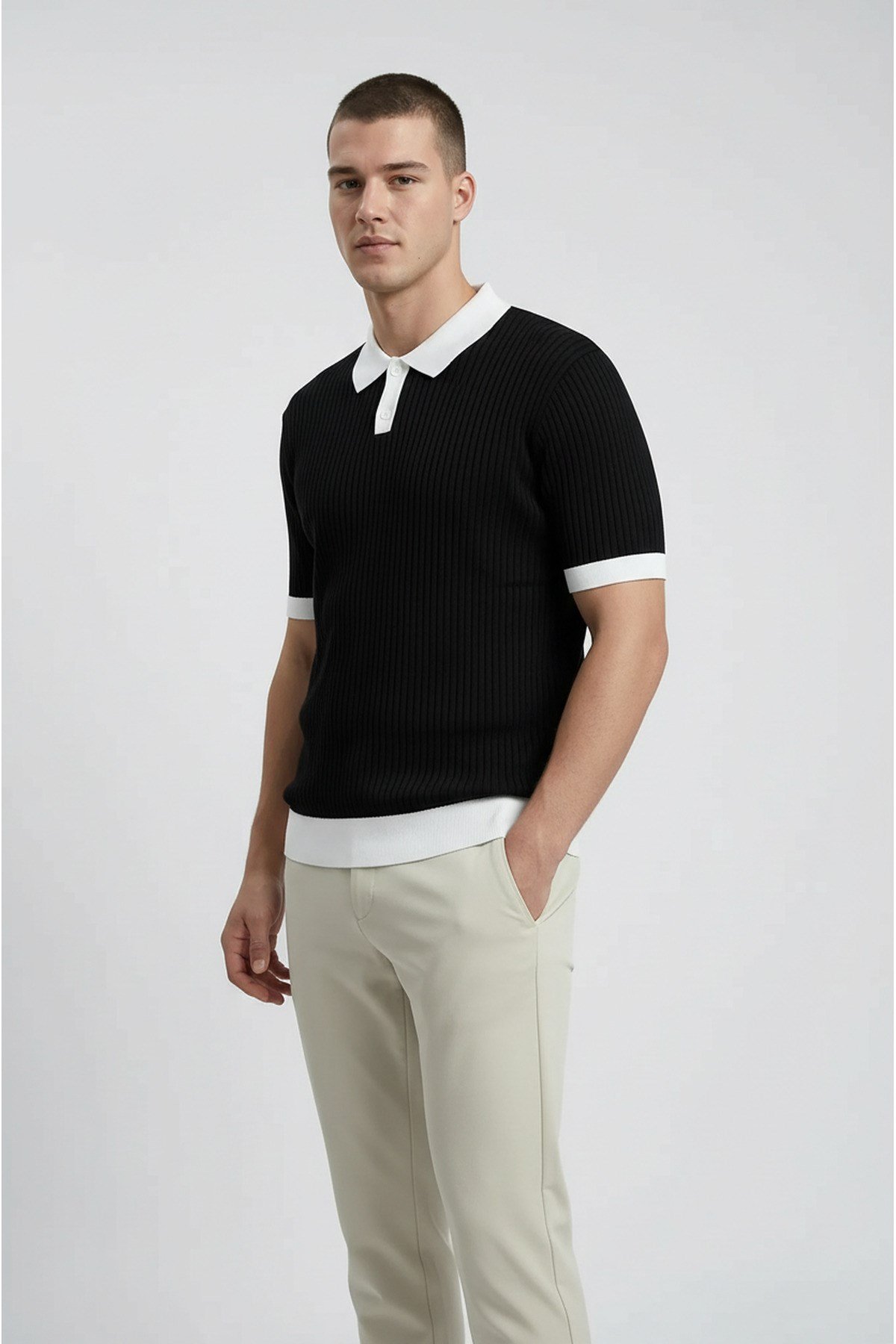Siyah Polo Yaka Düğmeli Kısa Kol Erkek T-shirt