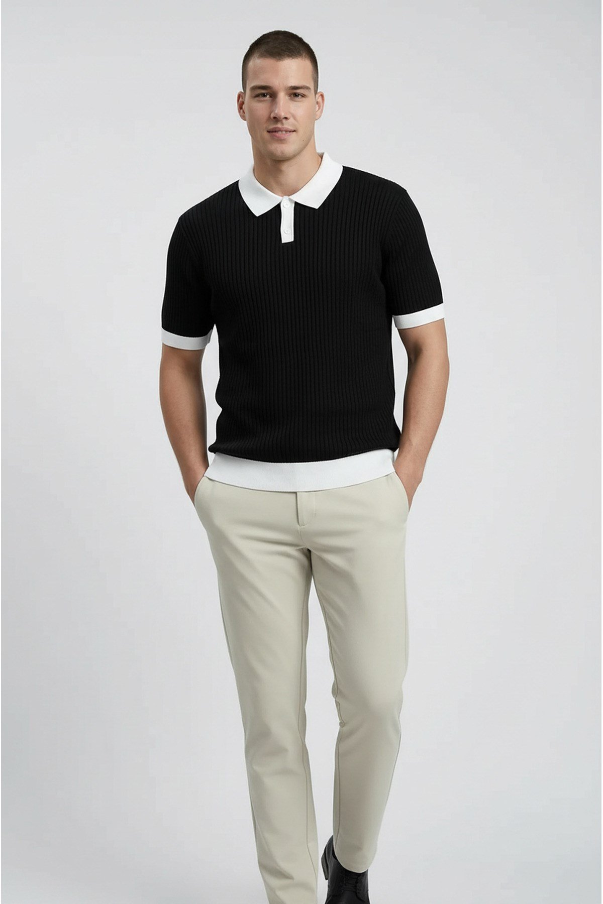 Siyah Polo Yaka Düğmeli Kısa Kol Erkek T-shirt
