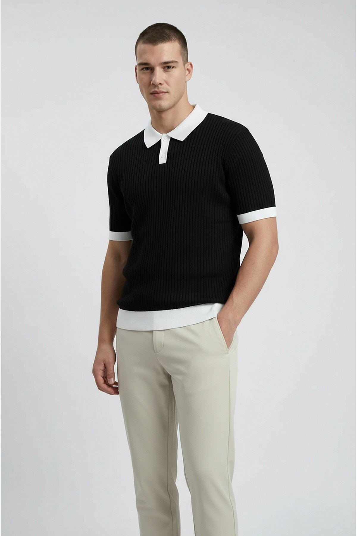 Siyah Polo Yaka Düğmeli Kısa Kol Erkek T-shirt