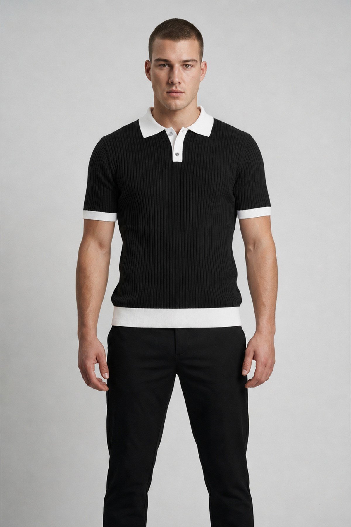 Siyah Polo Yaka Düğmeli Kısa Kol Erkek T-shirt