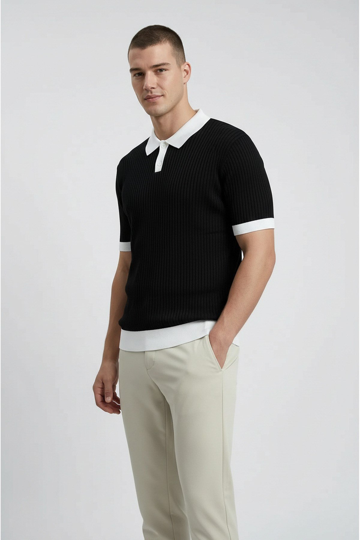 Siyah Polo Yaka Düğmeli Kısa Kol Erkek T-shirt