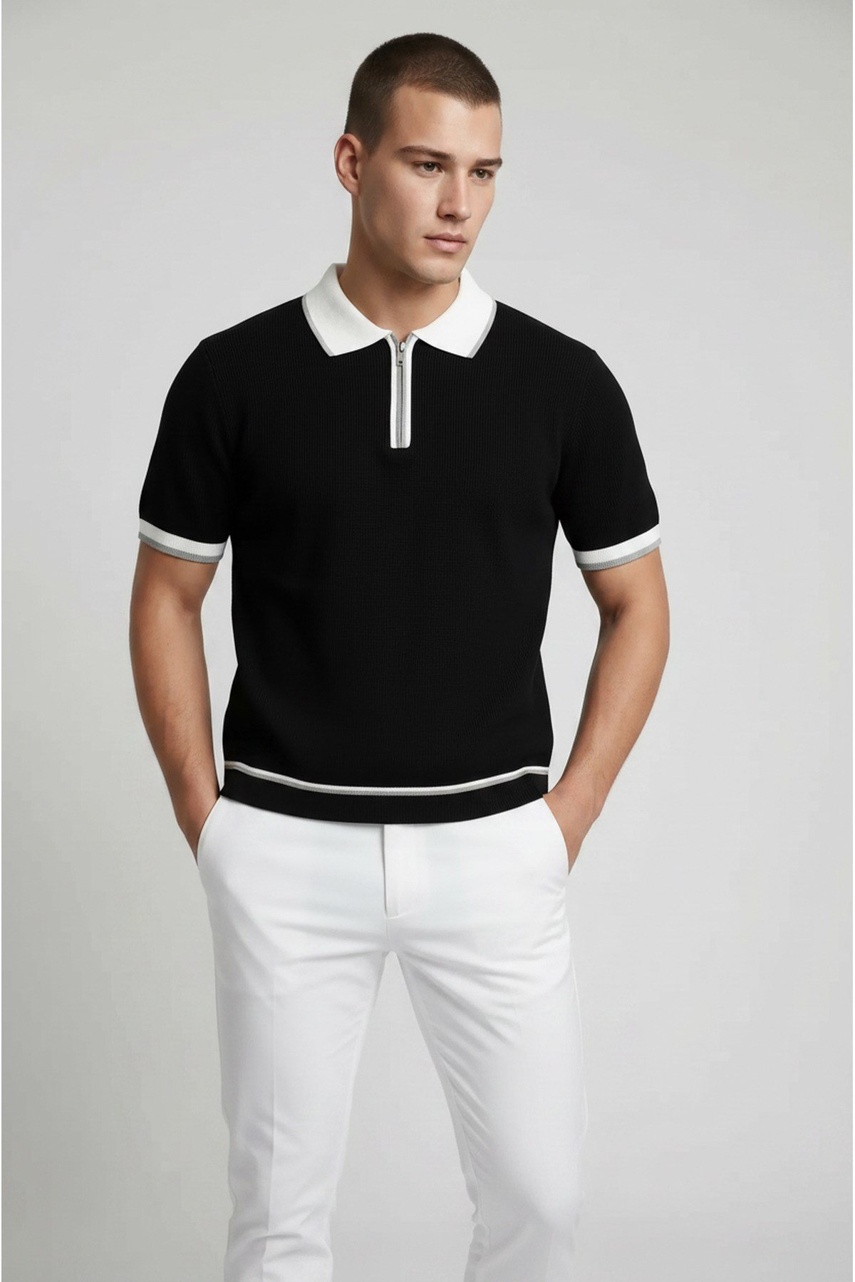 Siyah Polo Yaka Fermuarlı Kısa Kol Erkek T-shirt