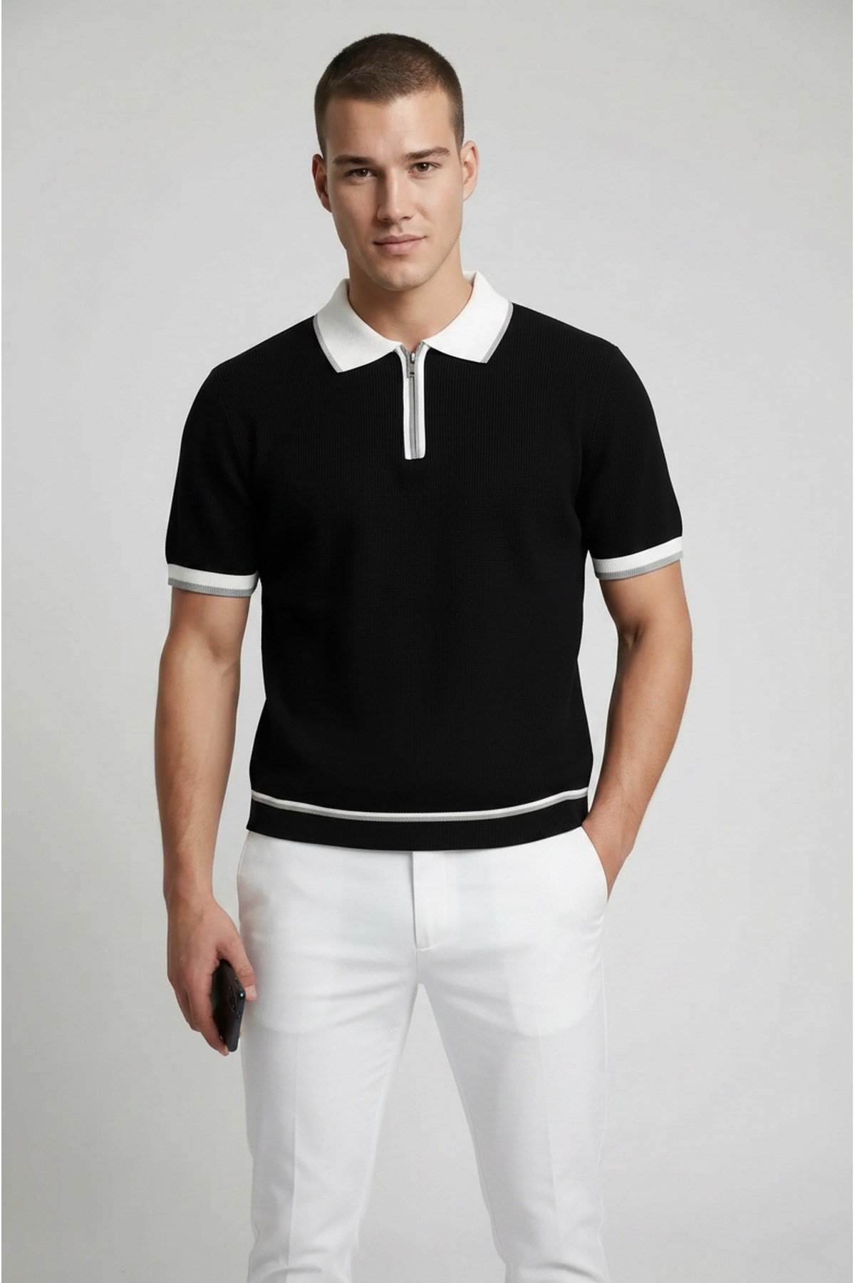 Siyah Polo Yaka Fermuarlı Kısa Kol Erkek T-shirt