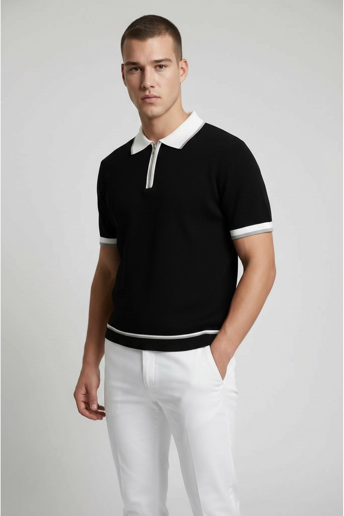 Siyah Polo Yaka Fermuarlı Kısa Kol Erkek T-shirt