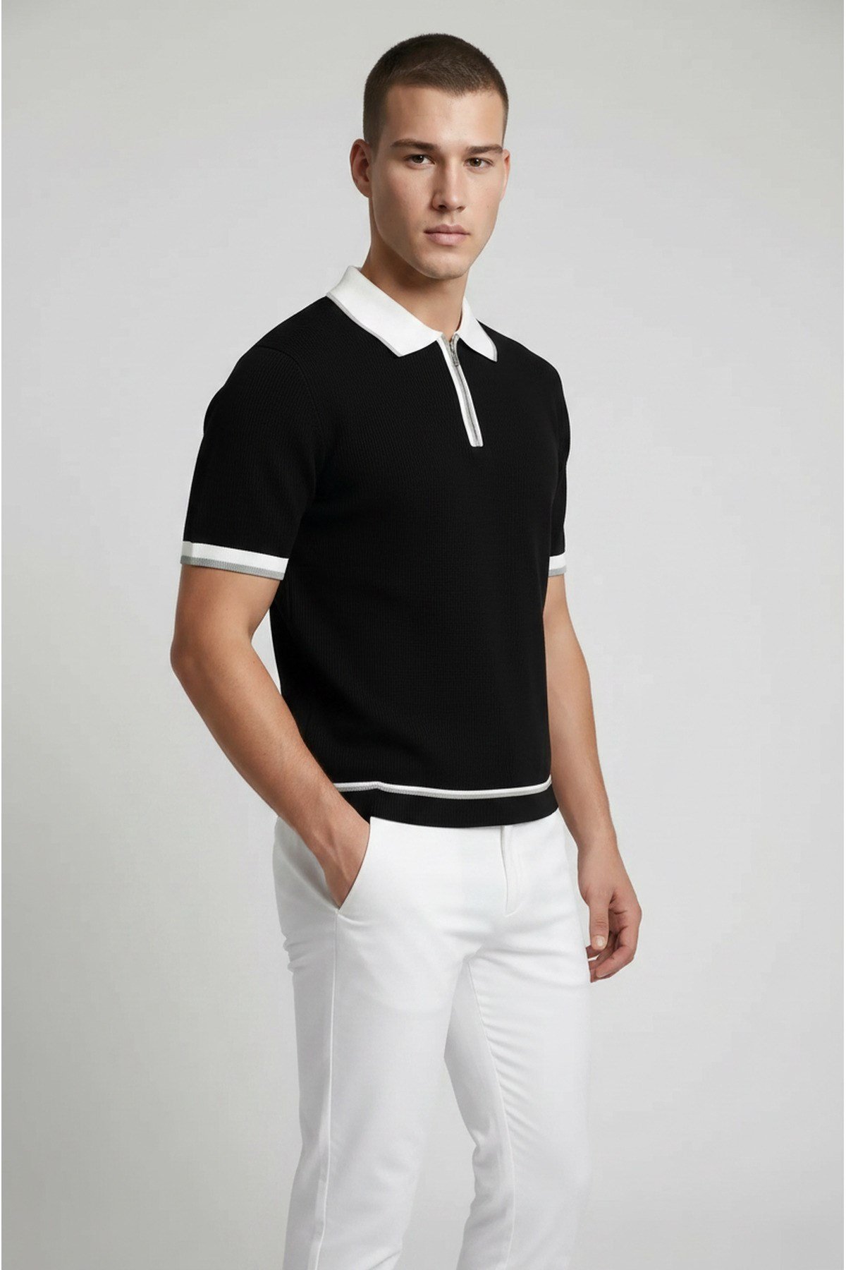 Siyah Polo Yaka Fermuarlı Kısa Kol Erkek T-shirt