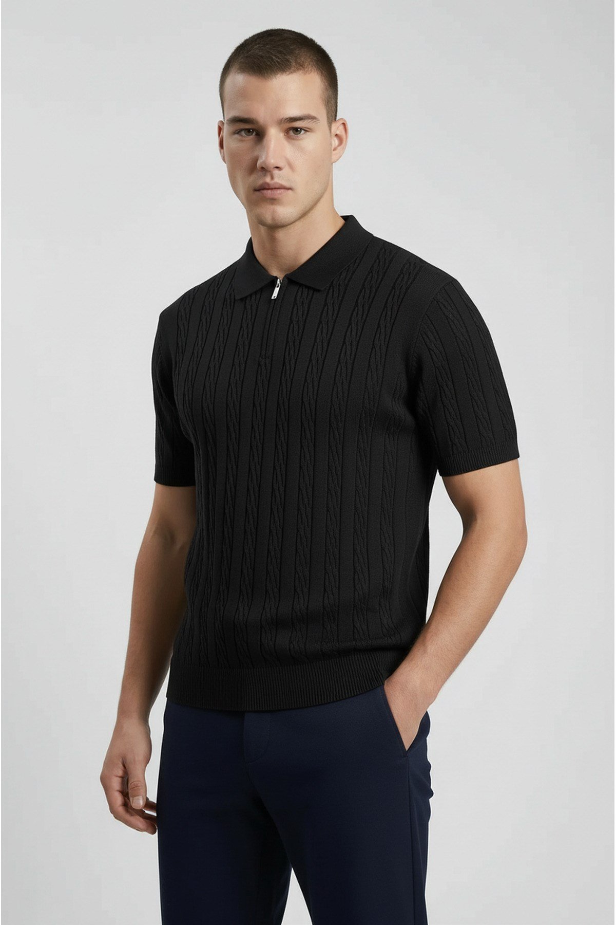 Siyah Polo Yaka Yarım Fermuarlı Erkek T-shirt