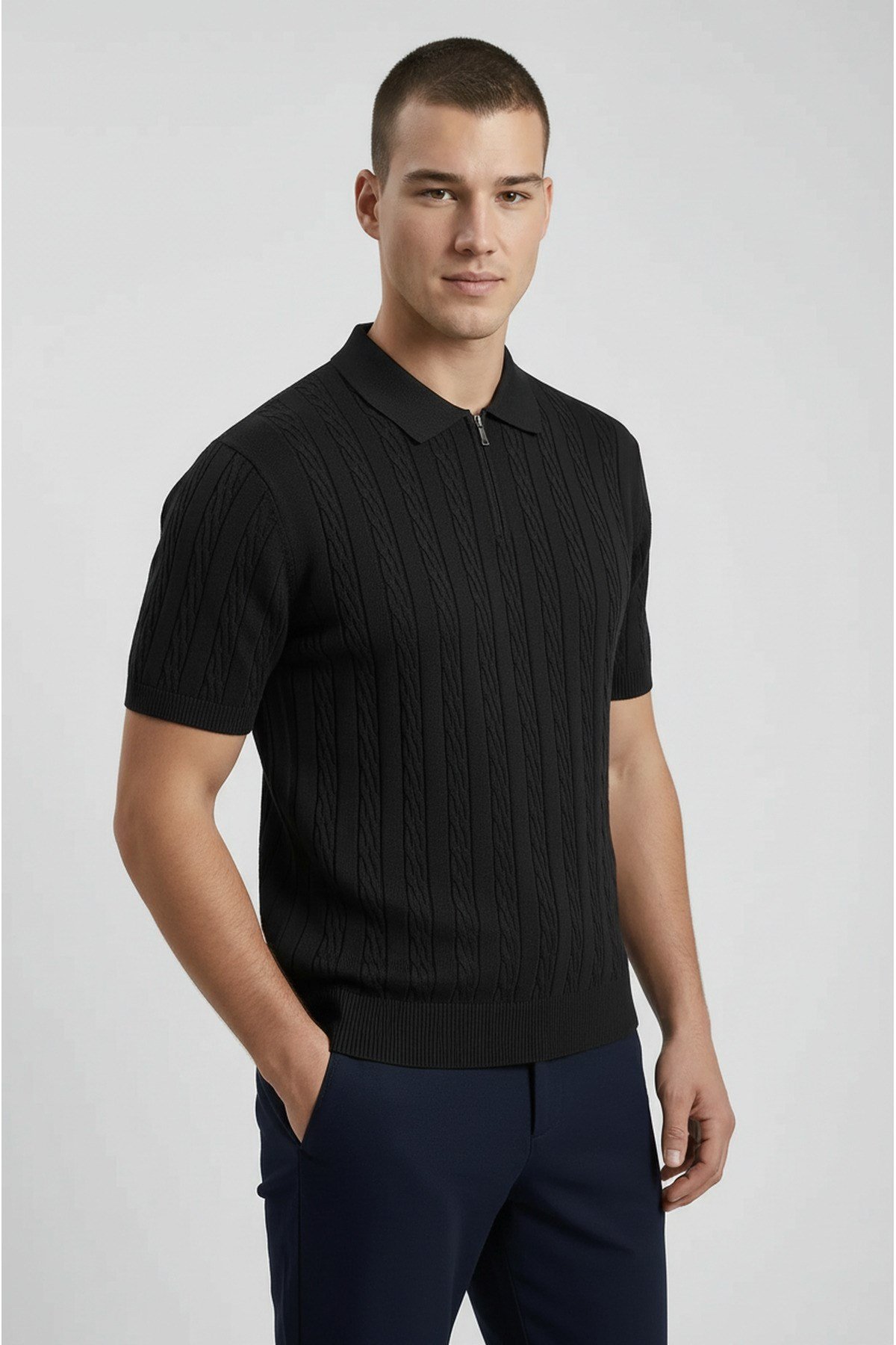 Siyah Polo Yaka Yarım Fermuarlı Erkek T-shirt