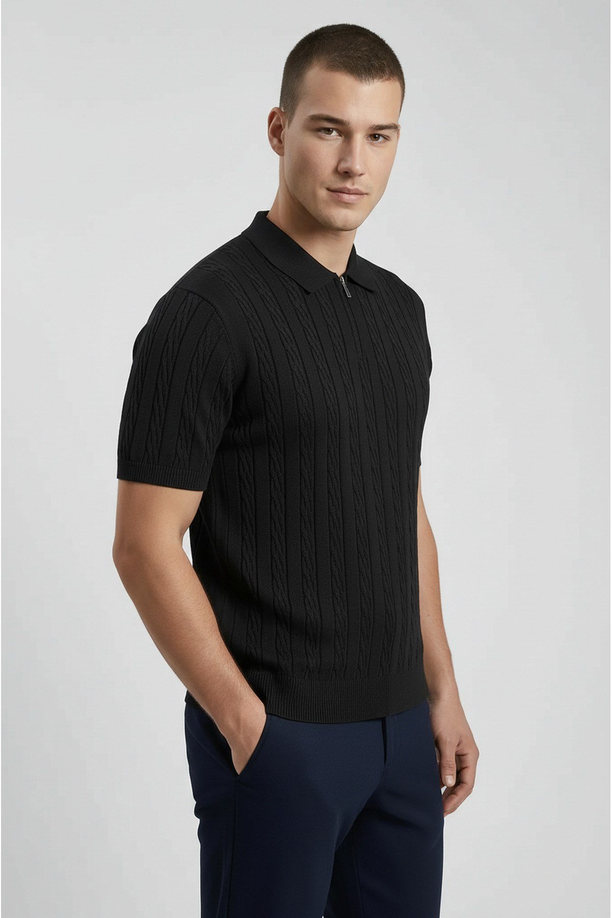 Siyah Polo Yaka Yarım Fermuarlı Erkek T-shirt