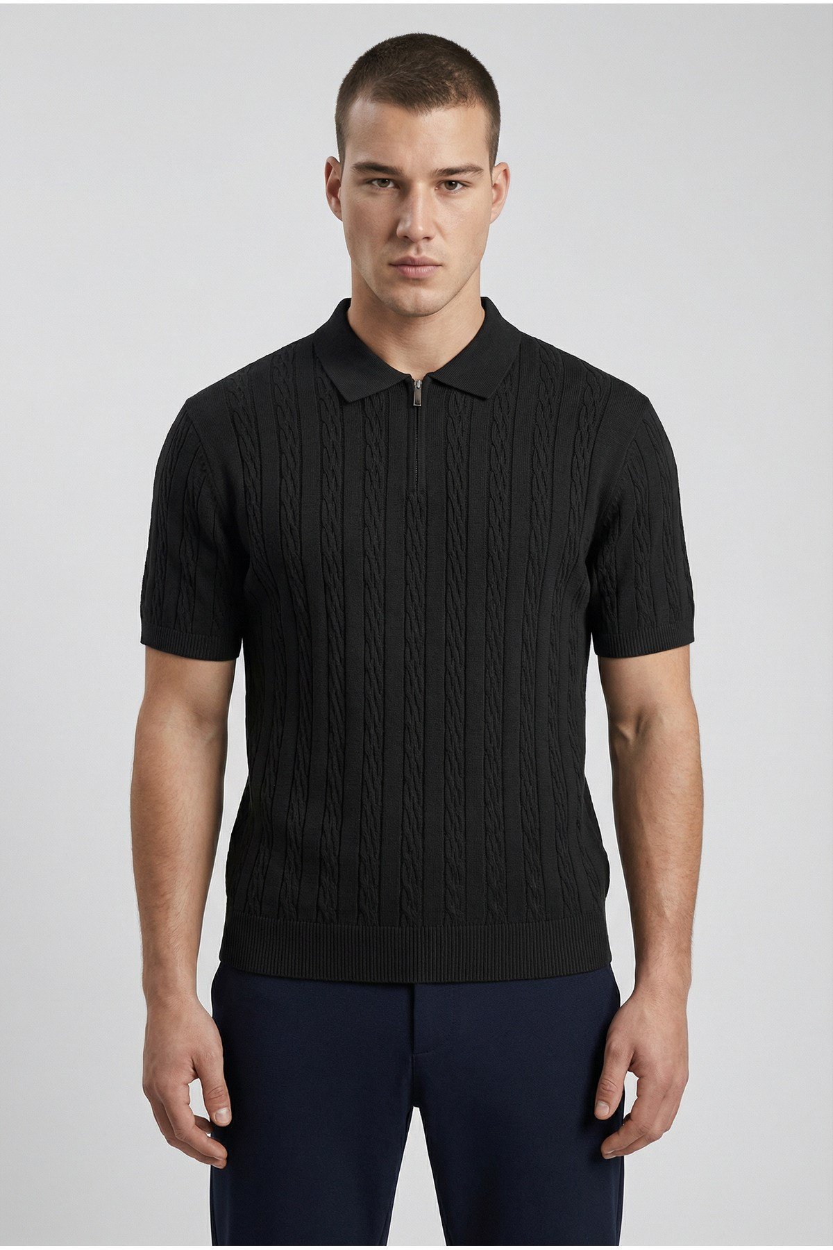 Siyah Polo Yaka Yarım Fermuarlı Erkek T-shirt
