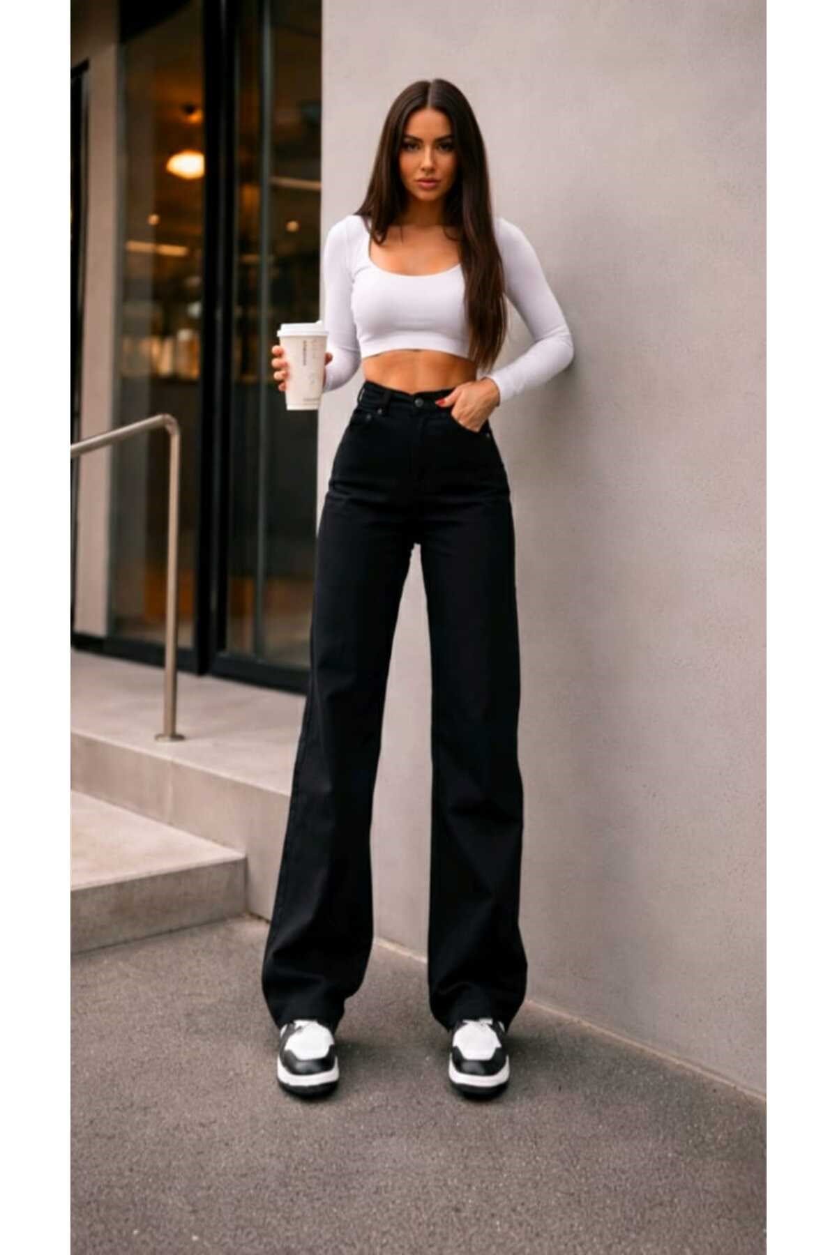 Tessa Gold Ikon 90's Siyah Likralı Süper Extra Yüksek Bel Palazzo Salaş Jean Pantolon