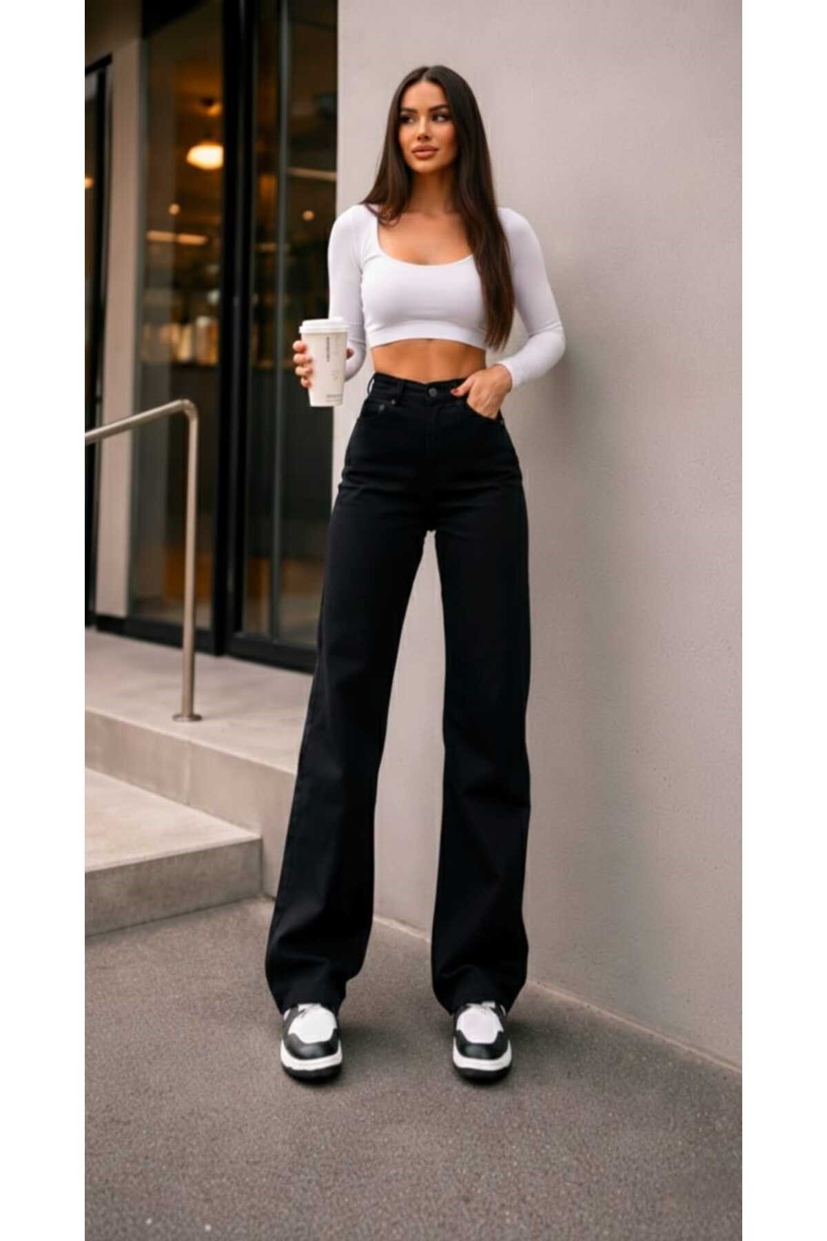 Tessa Gold Ikon 90's Siyah Likralı Süper Extra Yüksek Bel Palazzo Salaş Jean Pantolon