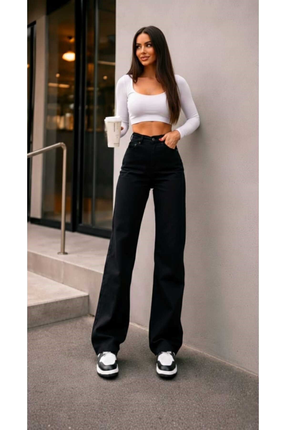 Tessa Gold Ikon 90's Siyah Likralı Süper Extra Yüksek Bel Palazzo Salaş Jean Pantolon